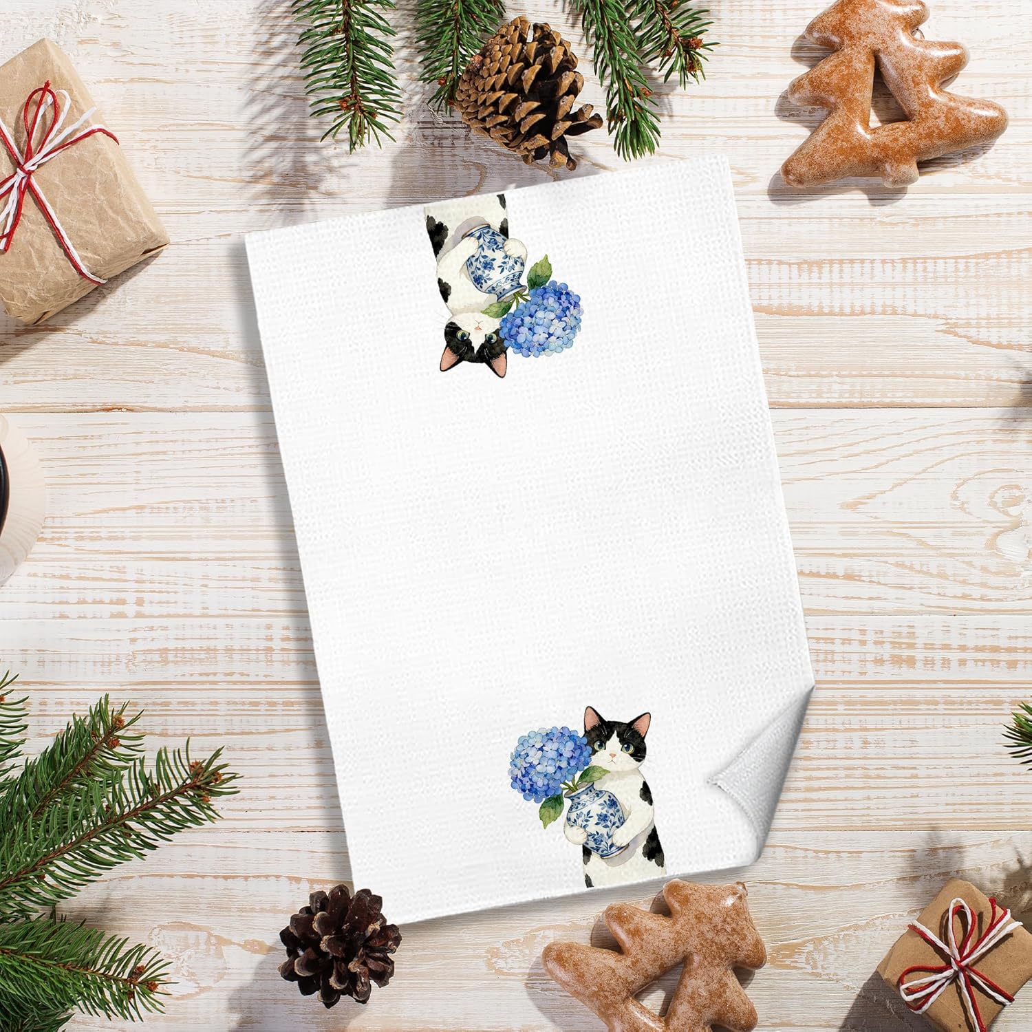 Blue Hydrangea Tuxedo Cat Kitchen Towels, Tuxedo Cat Gifts Dish Tea Towels, Chinoiserie Porcelain Floral Black and White Kitten Kitty Decorative Hand Towel for Bathroom, 16x24 Inches - Image 4