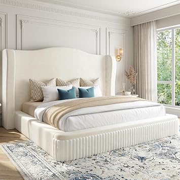 Homkdom 49" Cloud Bed Frame King Size with Tall Wingback Headboard, Soft Platform Bed with Shimmering Fabric & Thick Corduroy Design for Stability, No Box Spring Needed, Easy Assembly, White