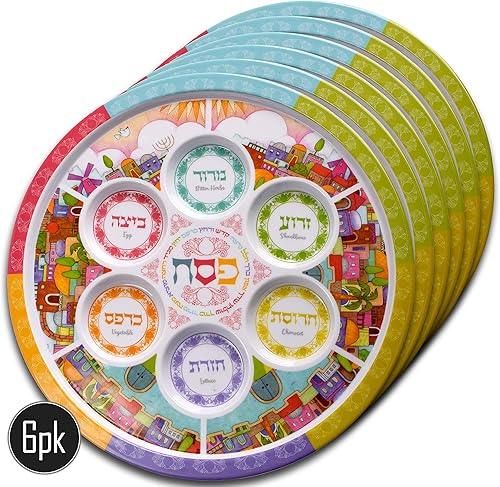 Ner Mitzvah Plato de seder para Pascua  Plato de melamina de 12 pulgadas para Pascua  Plato multicolor de Pascua de Jerusalén  Paquete de 6