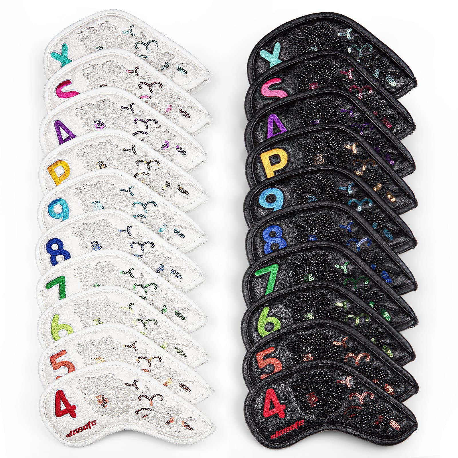 10 Teile/Satz Golf Eisen Headcovers PU Pailletten Stickerei Weiches Plüschfutter Schutzhülle Kopfbedeckung Magic Tape Verschluss Sportzubehör,Black