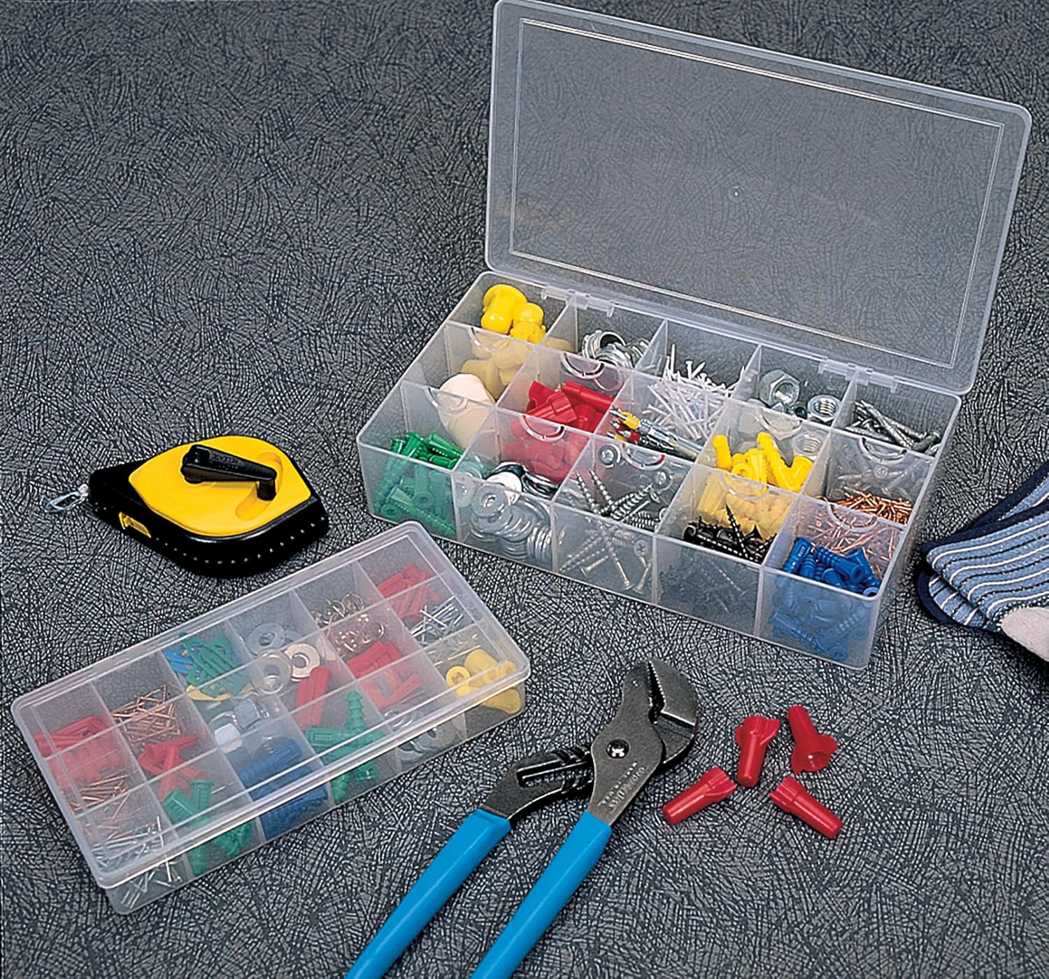 Akro-Mils 96352A Plastic Portable Parts Storage Box Bundle, Hardware and Crafts Organization Boxes with Hinged Lid and 5 Fixed Dividers, 8-Inch x 4-5/8-Inch x 1-1/2-Inch, 12-Pack, Clear