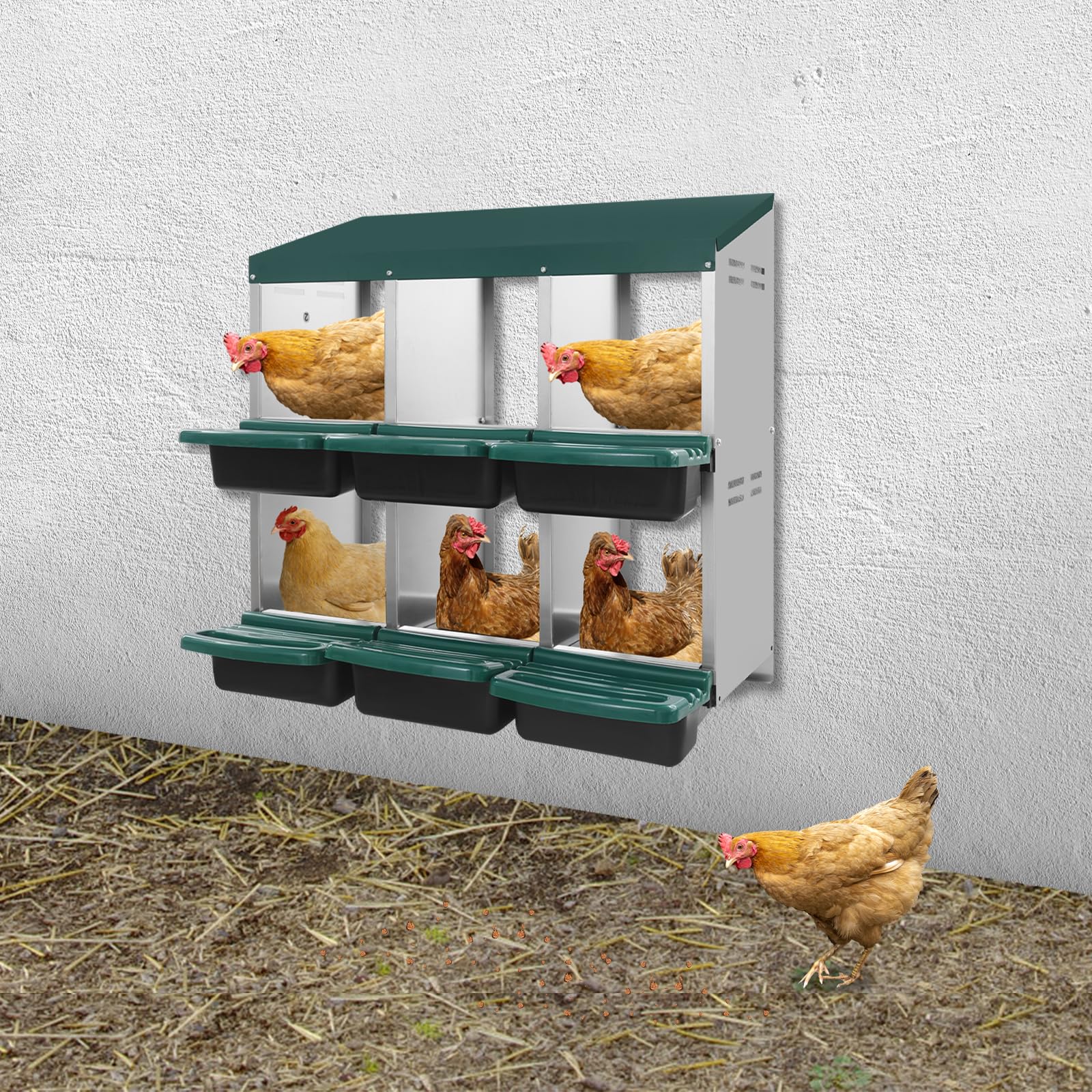 Nido di legenester per polli, 6 scomparti, con vaschetta di raccolta e griglia di ventilazione, nido di pollo, per montaggio a parete, robusto nido di pollo, 81 x 52 x 79 cm (verde)