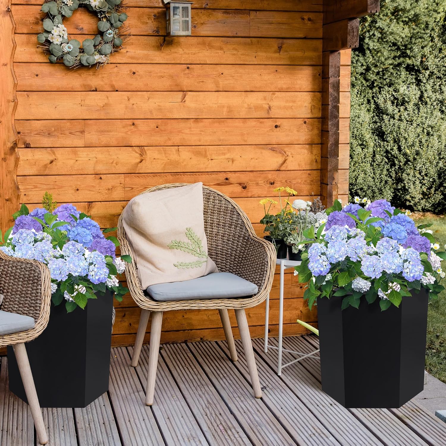 Set of 2 Tall Hexagon Black Planters with Self Watering, Water Level Monitor, Drainage Hole & Wheels, Large Plastic Standing Planters for Indoor & Outdoor Plants, Gardening Pots, Flower Pots – 16"