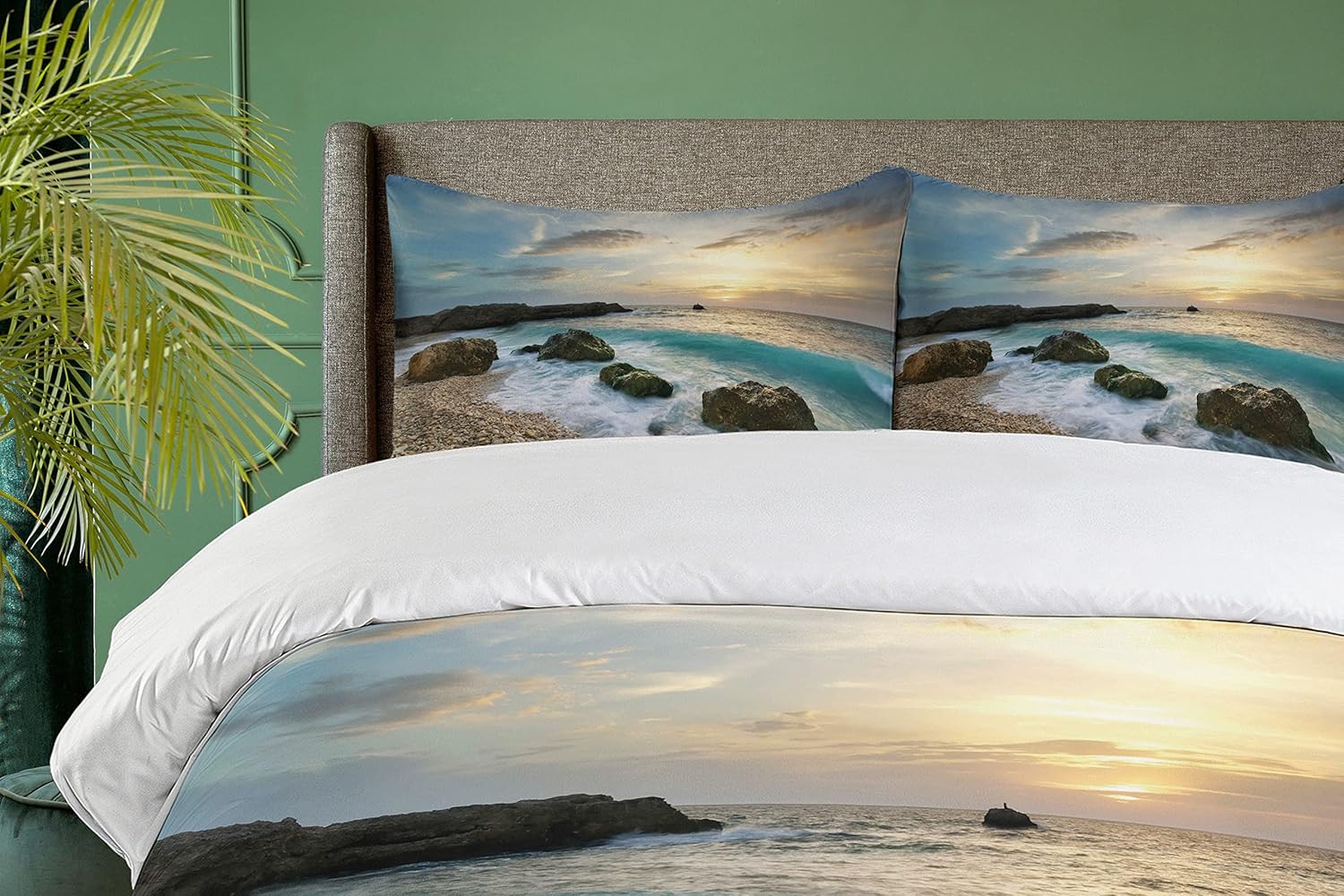 Ambesonne Ocean Duvet Cover Set, Seascape Composition of Nature Rocks Waves Cloudy Sky Rising Sun Beach Photo, Decorative 3 Piece Bedding Set with 2 Pillow Shams, Queen Size, Brown Blue Yellow Queen Brown Blue Yellow