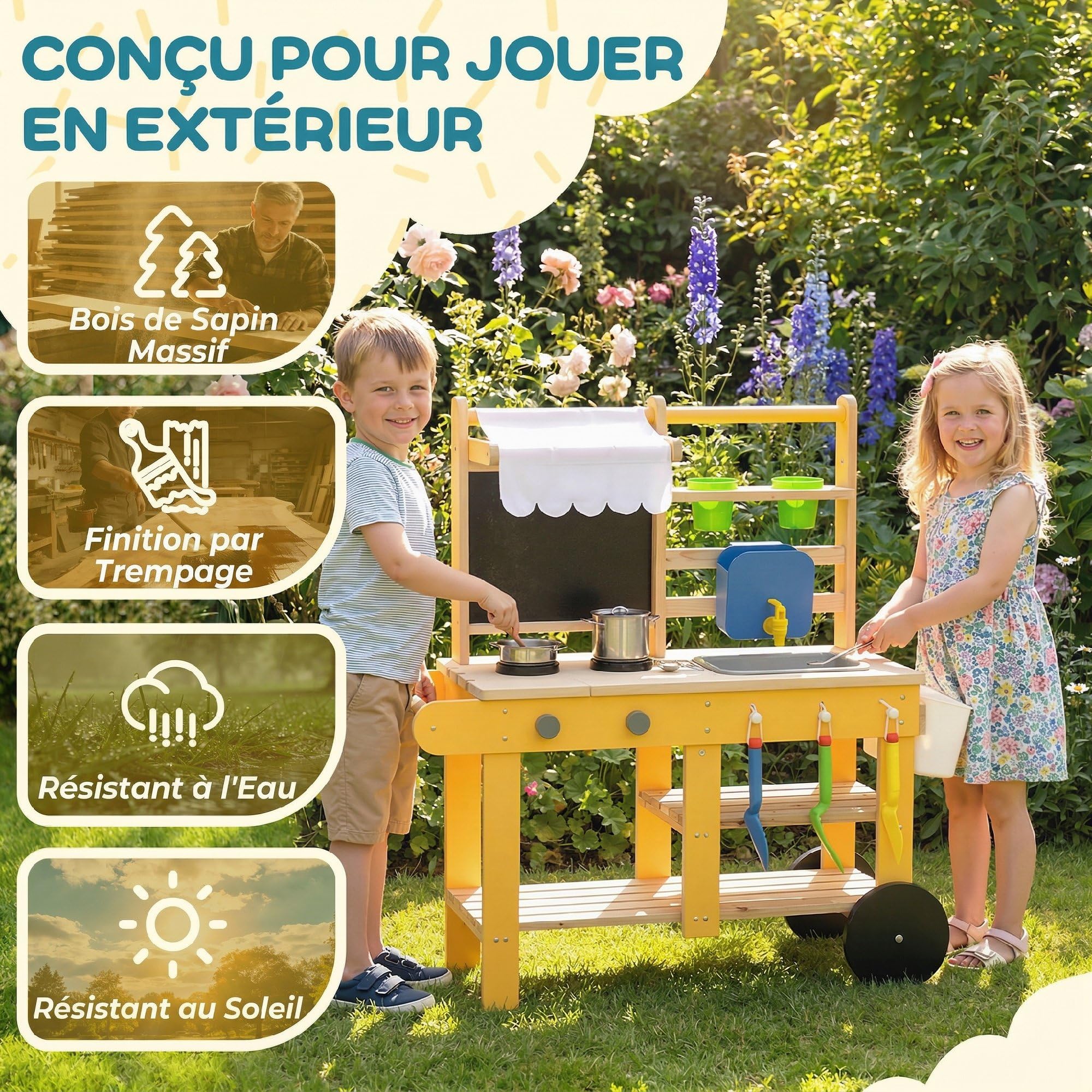 AIYAPLAY Cuisine Enfant en Bois avec roulettes, Cuisine Enfant Exterieur avec Eau Courante, Évier, Plaque de Cuisson, Étagère de Rangement, Pots de Plantation, Tableau, 15 Accessoires, Jaune