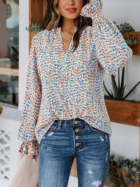 MASCOMODA Womens V Neck Floral Long Sleeve Blouse – Casual Loose Puff Sleeve Chiffon Boho Work Blouse