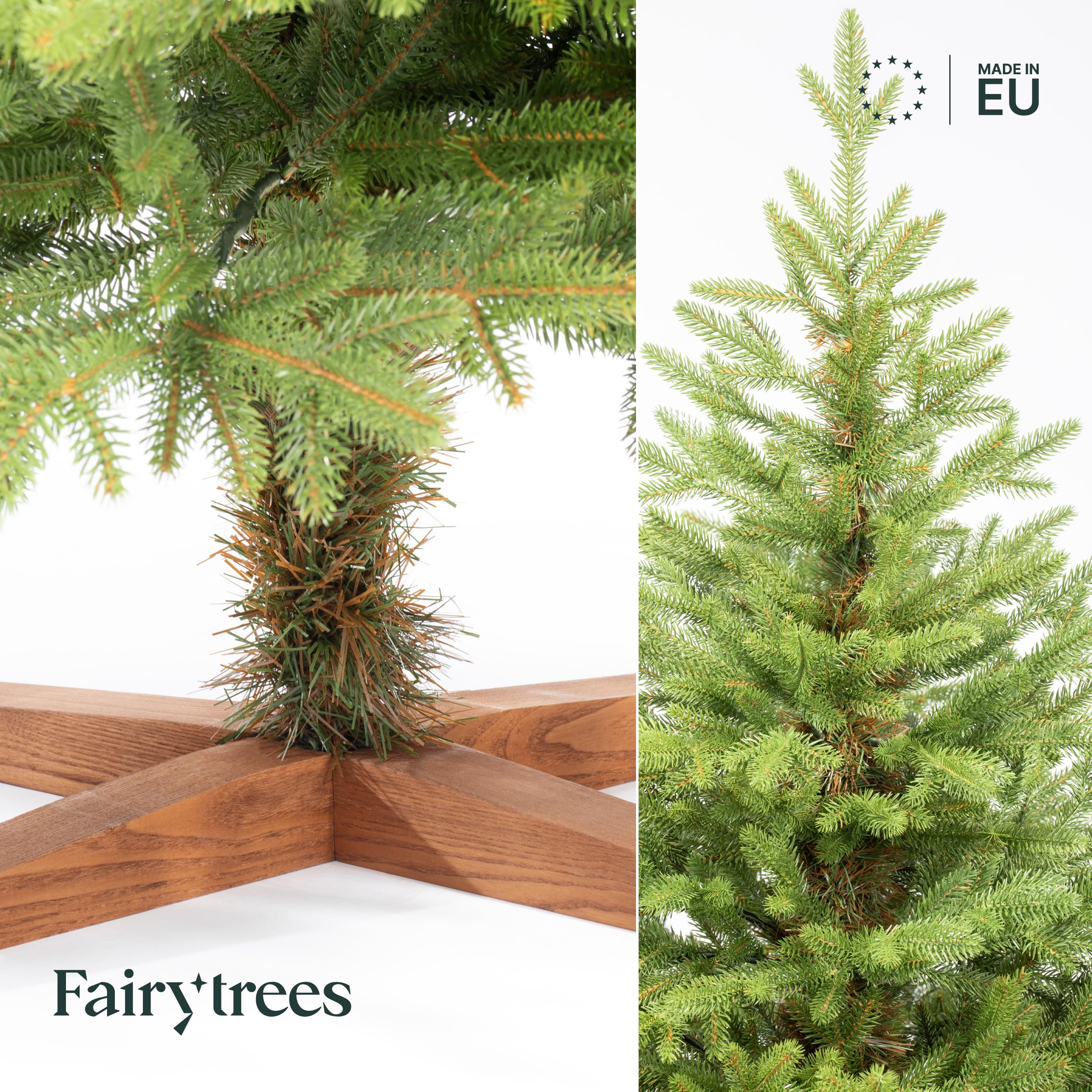 FAIRYTREES Sztuczna choinka 180 cm, jodła Nordmanna, ekskluzywna, 100% polietylen, drewniany stojak na choinkę, wyprodukowano w UE, sztuczna choinka z naturalnymi elementami formowanymi wtryskowo