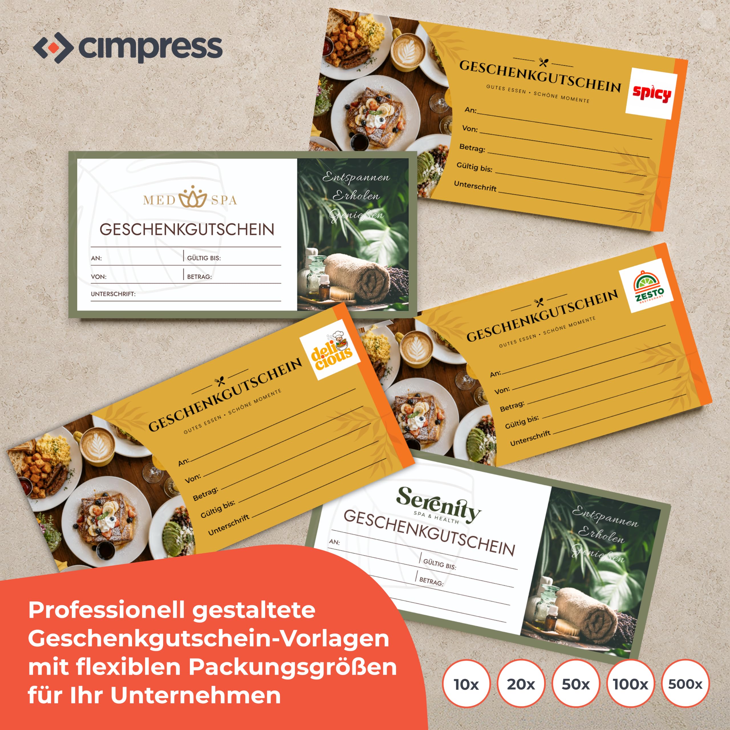 Personalisierte Beauty & Wellness Gutscheine, Logo oder Text, 500 Stück | Premium 300 g/m² matt gestrichenes Papier, 210 W × 95 H mm, Vorlage vorne, personalisierbare Rückseite, Kundenbindung