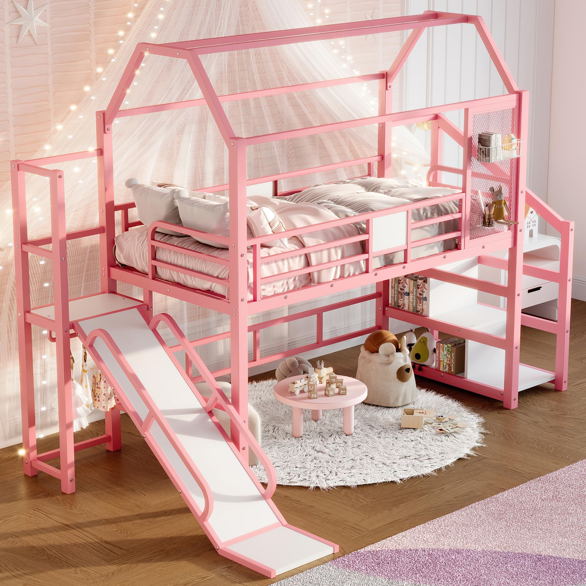 Quarte Twin House Loft Bed with Slide and Stairs, Metal Playhouse Bed with Storage Shelves, House-Shaped Roof for Kids Boys Girls Teens, No Box Spring Needed (Pink/S2, Twin)