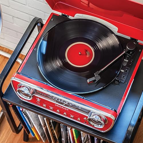 Miniatura 6 de Crosley CR6047A-RE Powel - Reproductor de discos de vinilo Bluetooth 7 en 1 con radio AMFM, reproductor de CD y entrada auxiliar, rojo