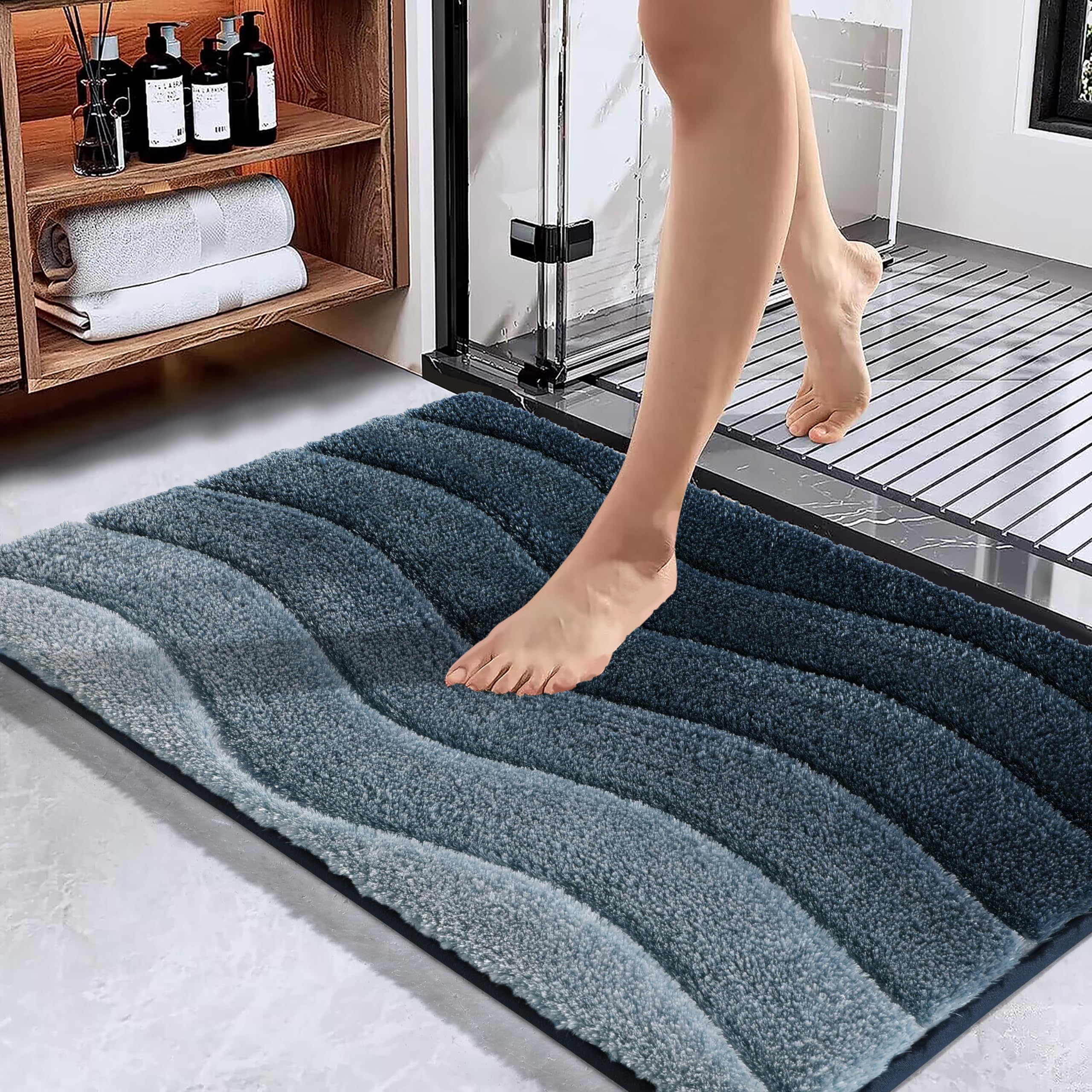 Yimobra Bathroom Rugs, Luxury Plush & Fluffy Bath Mats Non Slip, Extra Thick Microfiber Bathroom Mat Quick Dry, Anti Skid Shaggy Bath Rugs, Soft, Absorbent, Machine Washable, 47" x 24", Navy Blue