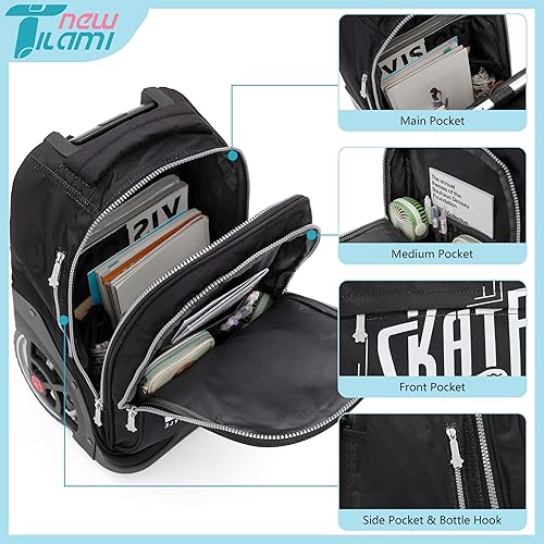 Miniatura 5 de NEW TILAMI Mochila con ruedas para adolescentes, mochila con ruedas para portátil, bolsa de viaje para universidad, Tabla de skate negra, Mochilas