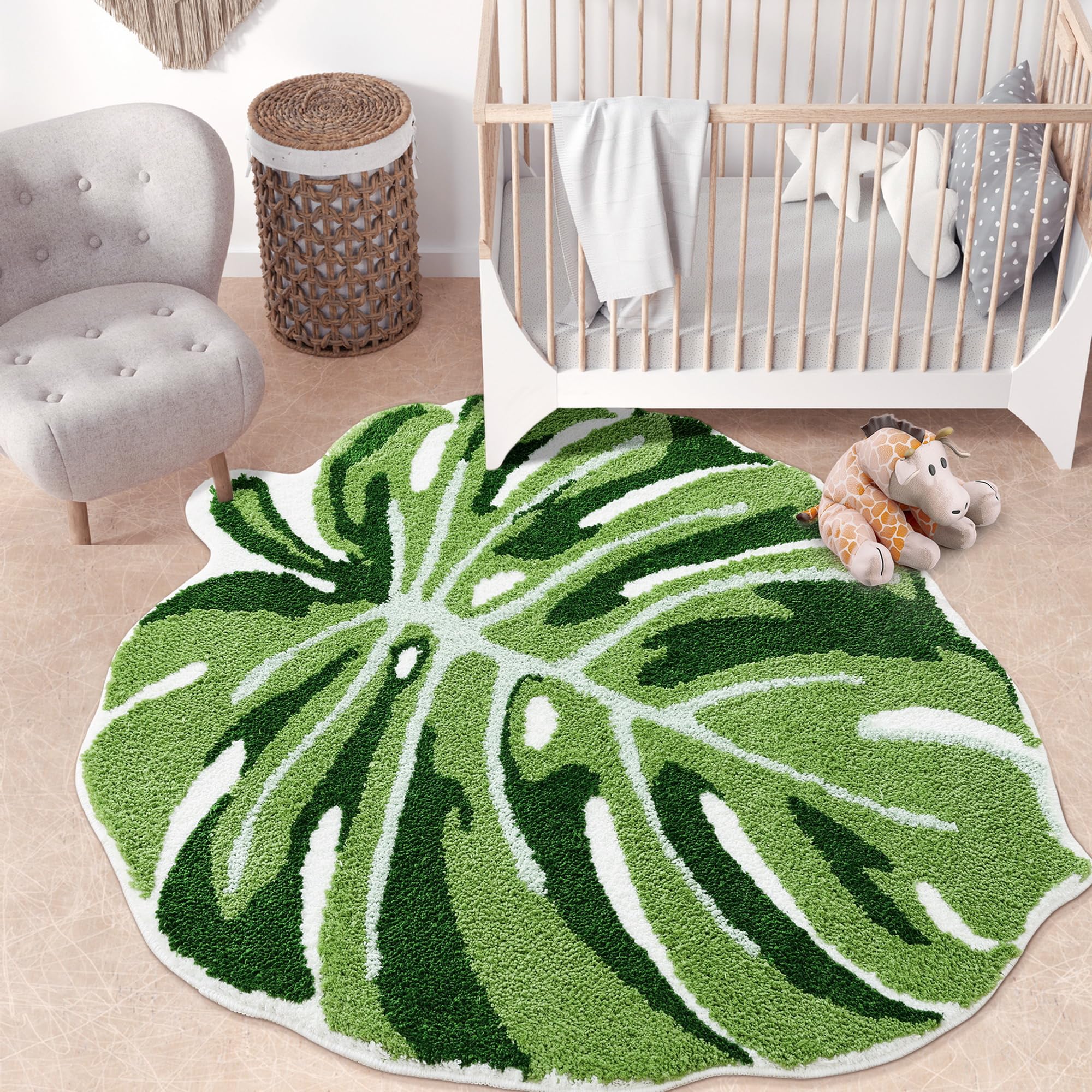 Panstar Green Leaf Mat, Large Monstera Cute Non Slip Palm Shaped Plush Fun Kitchen, Bathroom Bathtub Rugs Machine Washable: 36" x 43"