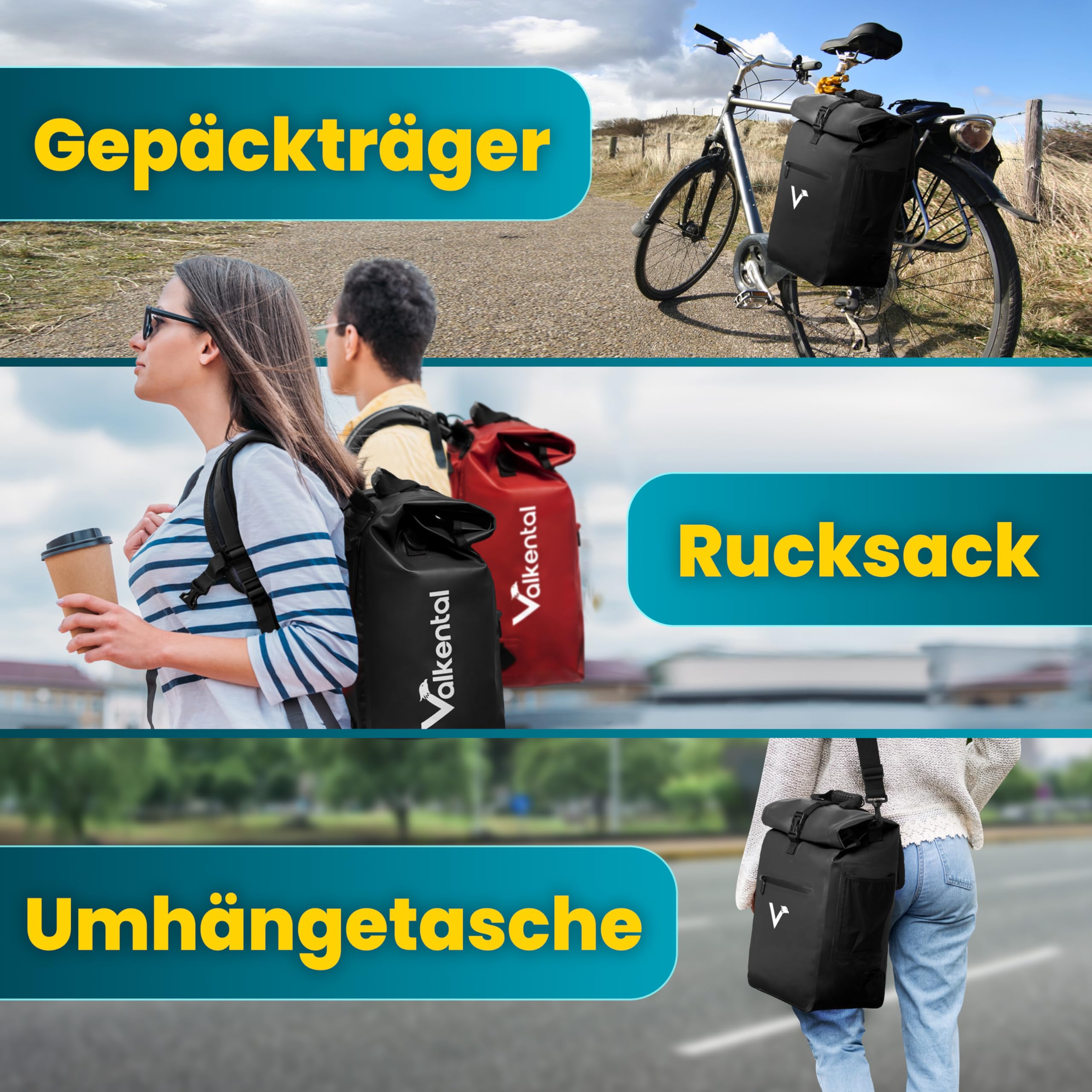 Valkental® 3in1 Fahrradtasche [Bis 25L] - Das Original - Geeignet als Gepäckträgertasche, Rucksack und Umhängetasche - 100% Wasserdicht & Reflektierend - Sichere Befestigung [Abschließbar] Laptopfach