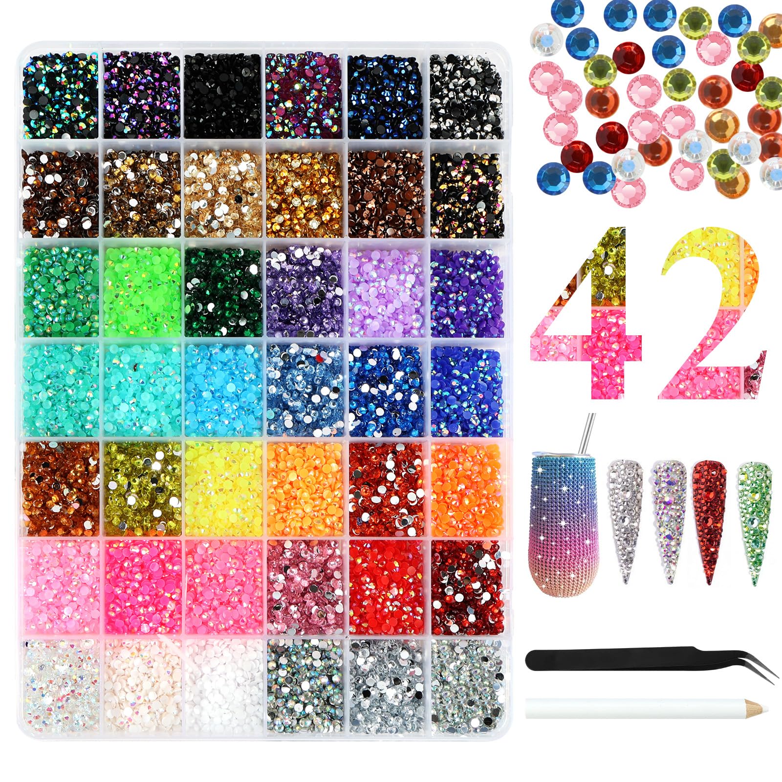 32000 Piezas Brillantes para La Cara, 3mm Gemas Redondas, 42 Colores Diamantes para Manualidades, Pegatinas Cara Brillantes Festival con Lápiz de Cera y Pinzas, para Nail, Facial, DIY