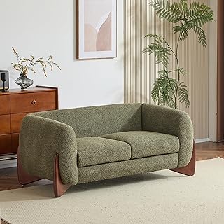 Merax 63 Inch Modern Boucle Upholstered 2-Seater Sofa, Chenille Fabric Loveseat with Solid Wood Legs, Low Profile Small Couch for Living Room, Olive Green