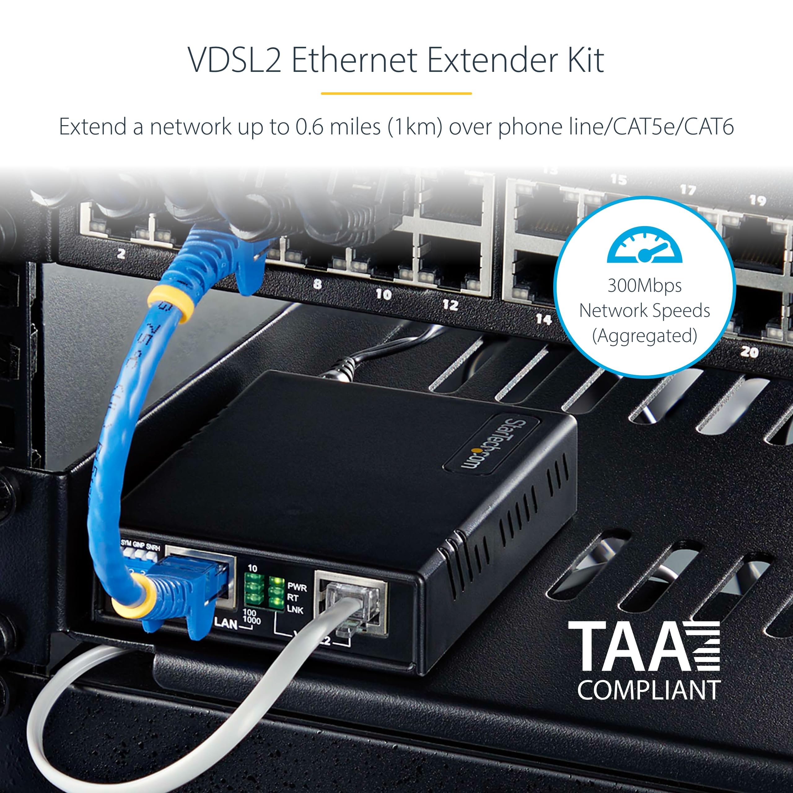 StarTech.com VDSL2 Ethernet Extender Kit Over Single Pair Wire, Up to 0.6mi (1km) Long Range Repeater, Replace for 110VDSLEXT, TAA