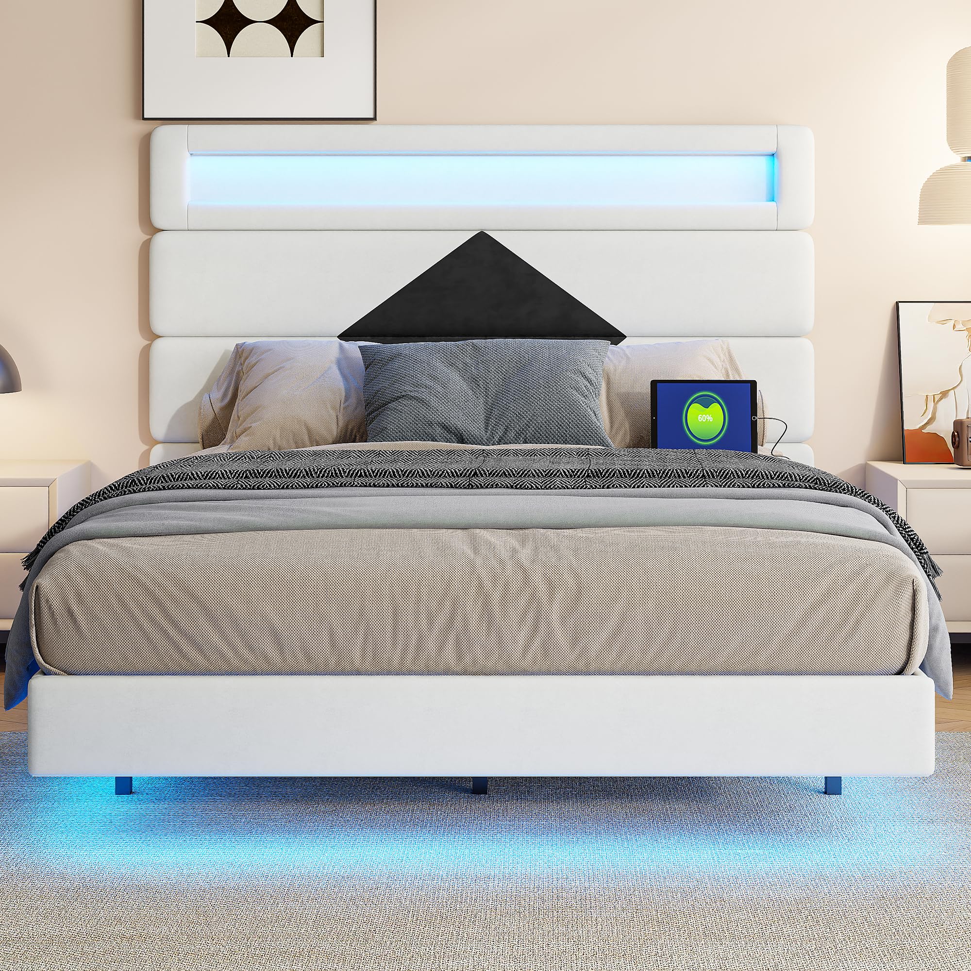 KeepGoon Cama suspendida, Cama Doble de 140 x 190 cm, Tablero de Madera Ajustable,Cama Matrimonio, Puerto USB de Carga Dual + LED, con somier, Cama tapizada, Terciopelo