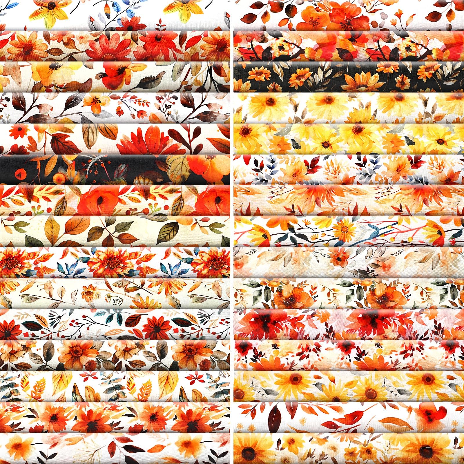 30pcs Thanksgiving Fall Fabric 10 x 10 Inch Cotton Fabric Bundles Maple Leaf Pumpkin Floral Plaid Stripe Squares Autumn Thanksgiving Sewing Fabrics for DIY Craft Party Decor (Fall Floral)