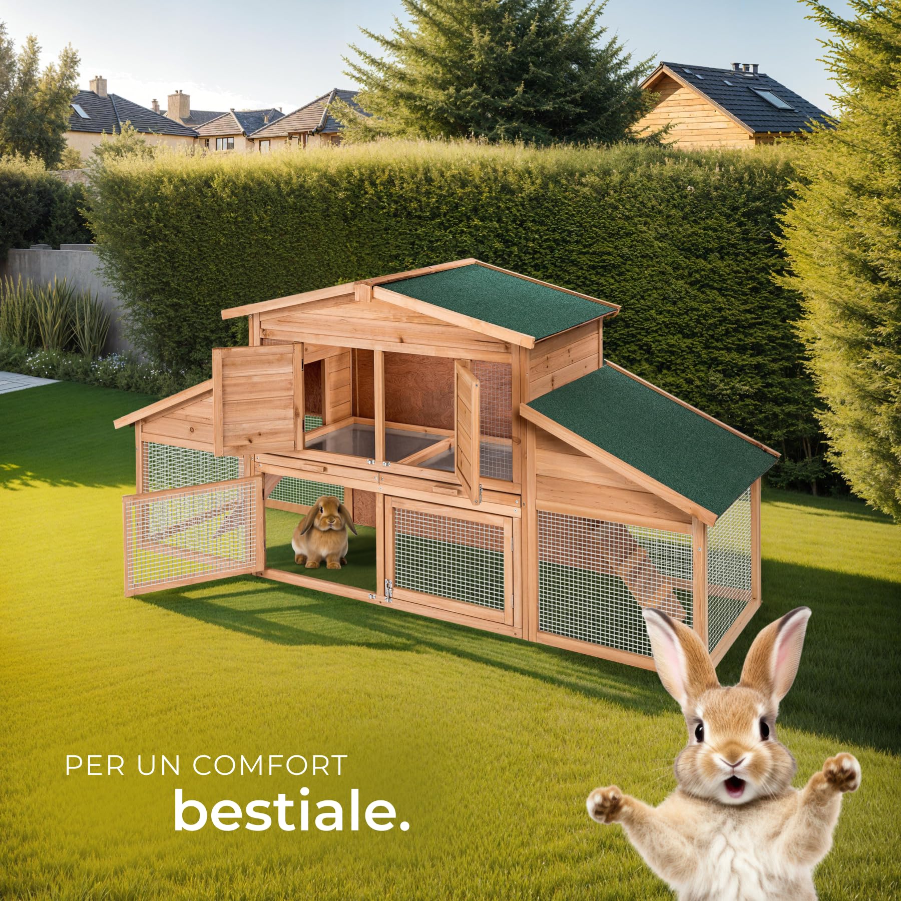 tectake® Conigliera da Esterno, 4 Porte, 2 Piani, 2 Rampe, con Zona Riposo, Tetto Idrorepellente, Recinto Per Conigli, XXL Gabbia Esterno, Casetta, Recinto Piccoli Animali, Legno, 226 x 77 x 95,5 cm