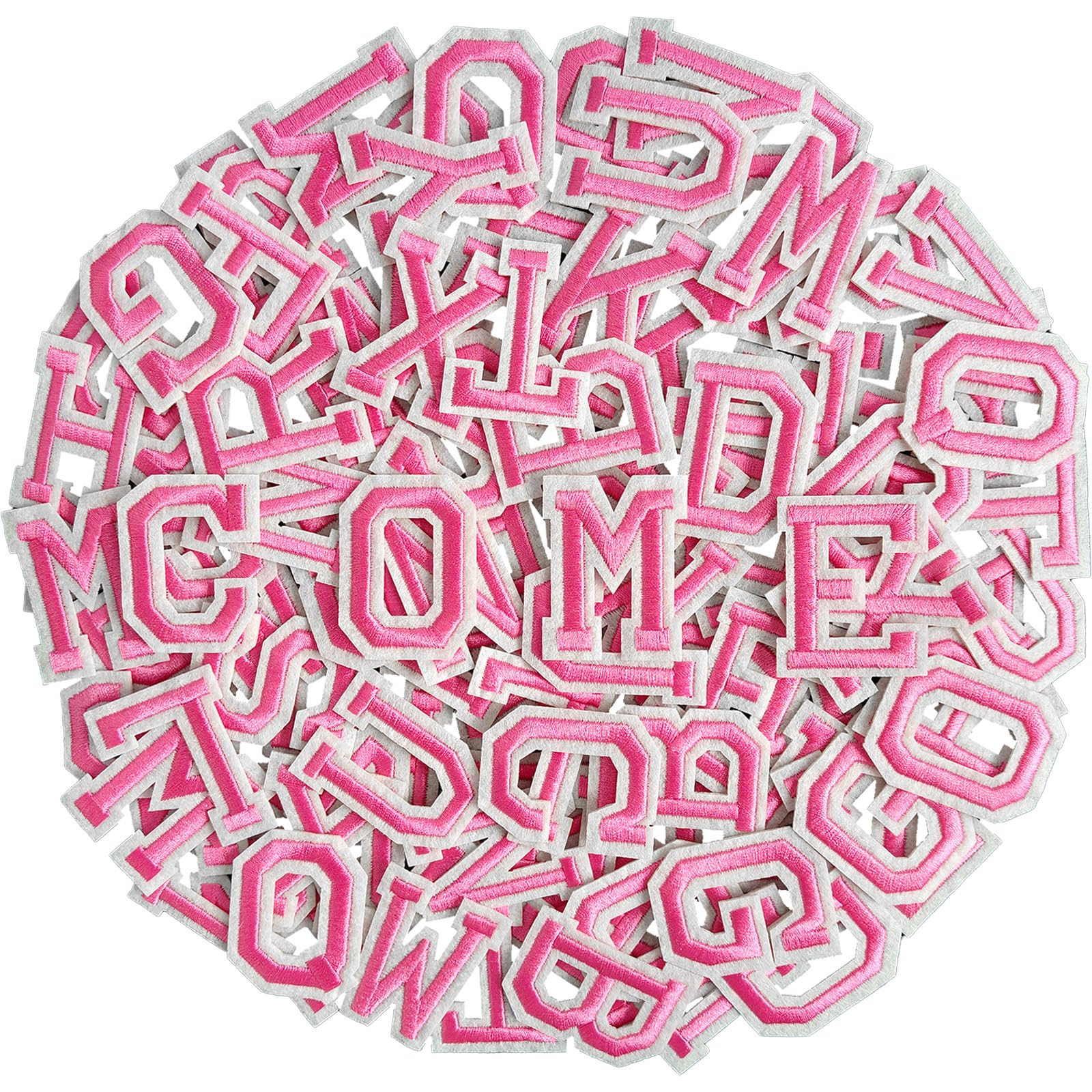 Photo 1 of 104pcs Pink Iron on Letters Patches, Embroidery Fabric Letters Applique Patch for Clothing, Jackets, Jeans, Hats, Backpacks, Socks