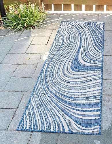 Unique Loom colección moderna para exteriores - Alfombra de área para piscina (2 pies x 6 pies 1 pulgada alfombra de pasillo, color azulmarfil)