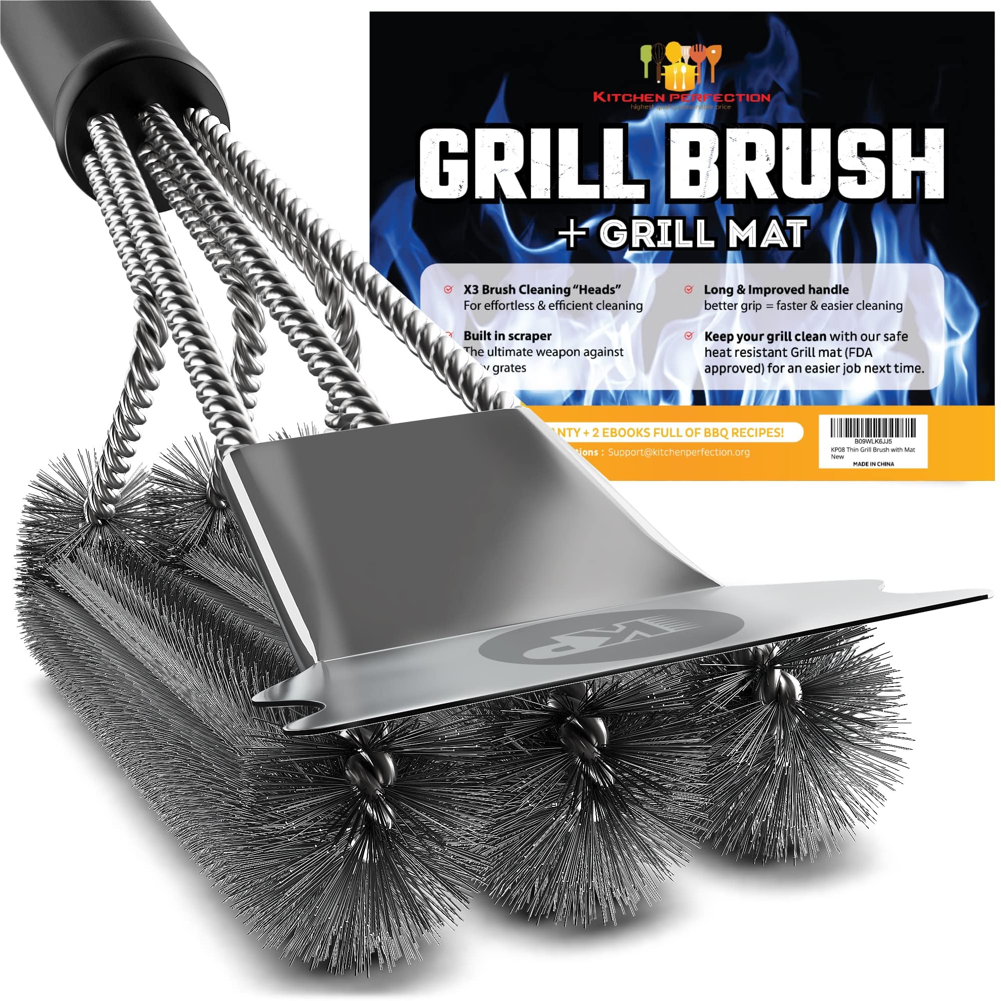 KITCHEN PERFECTION Safe Wire Grill Brush for Outdoor Grill w/Grill Scraper &amp; Grill Mat Grill Cleaning Kit -Extended Handle BBQ Brush for Effortless Grill Cleaning Grill Cleaner Brush Barbecue Tools