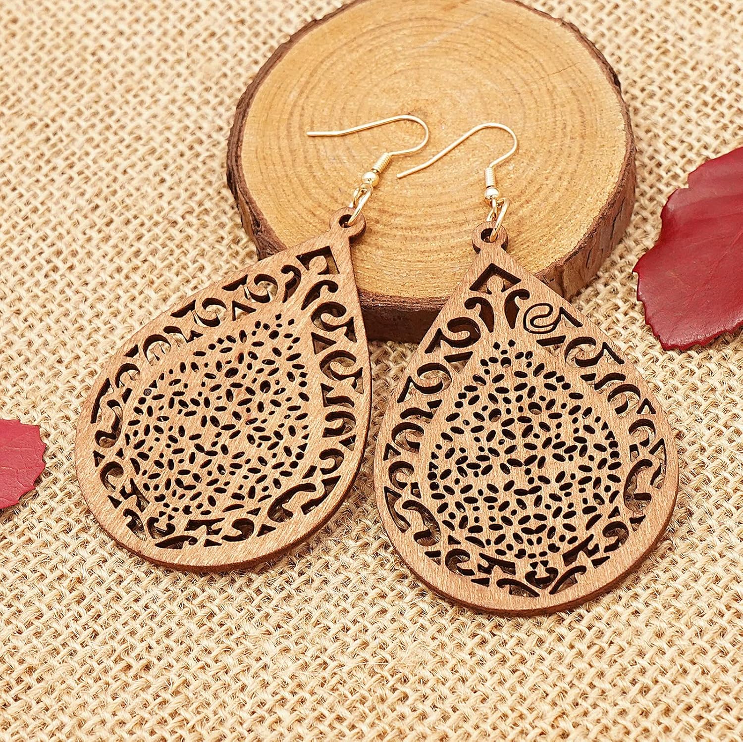 Wooden Hoop Earrings for Women 2 Pairs Natural Wooden Teardrop Earrings Lightweight Drop Dangle Earring - Image 5