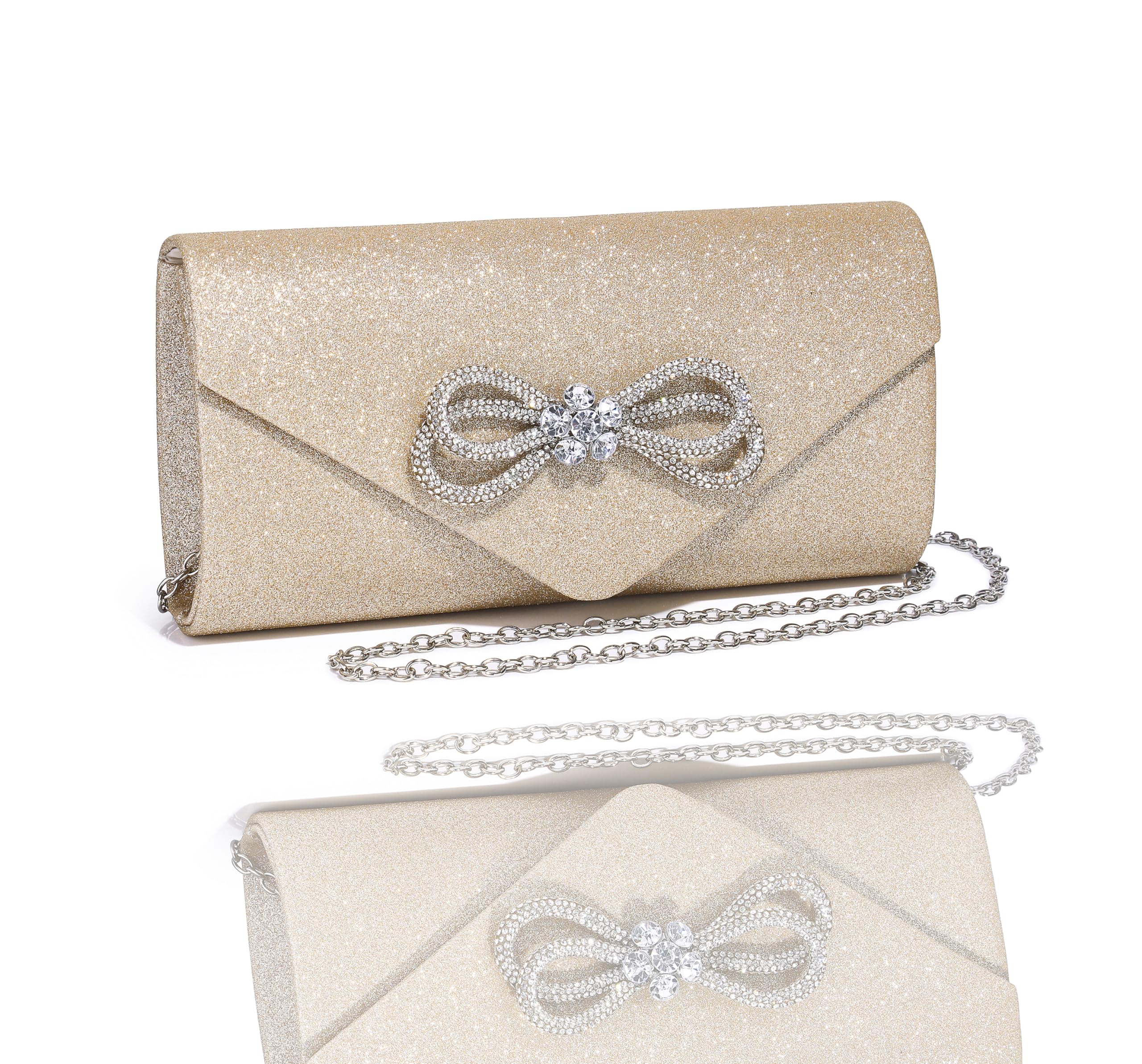 MUDUO Womens Evening Bag Sparkly Bow Clutch Purse Wedding Party Purses Glitter Rhinestone Cocktail Prom Handbags (Champagne)