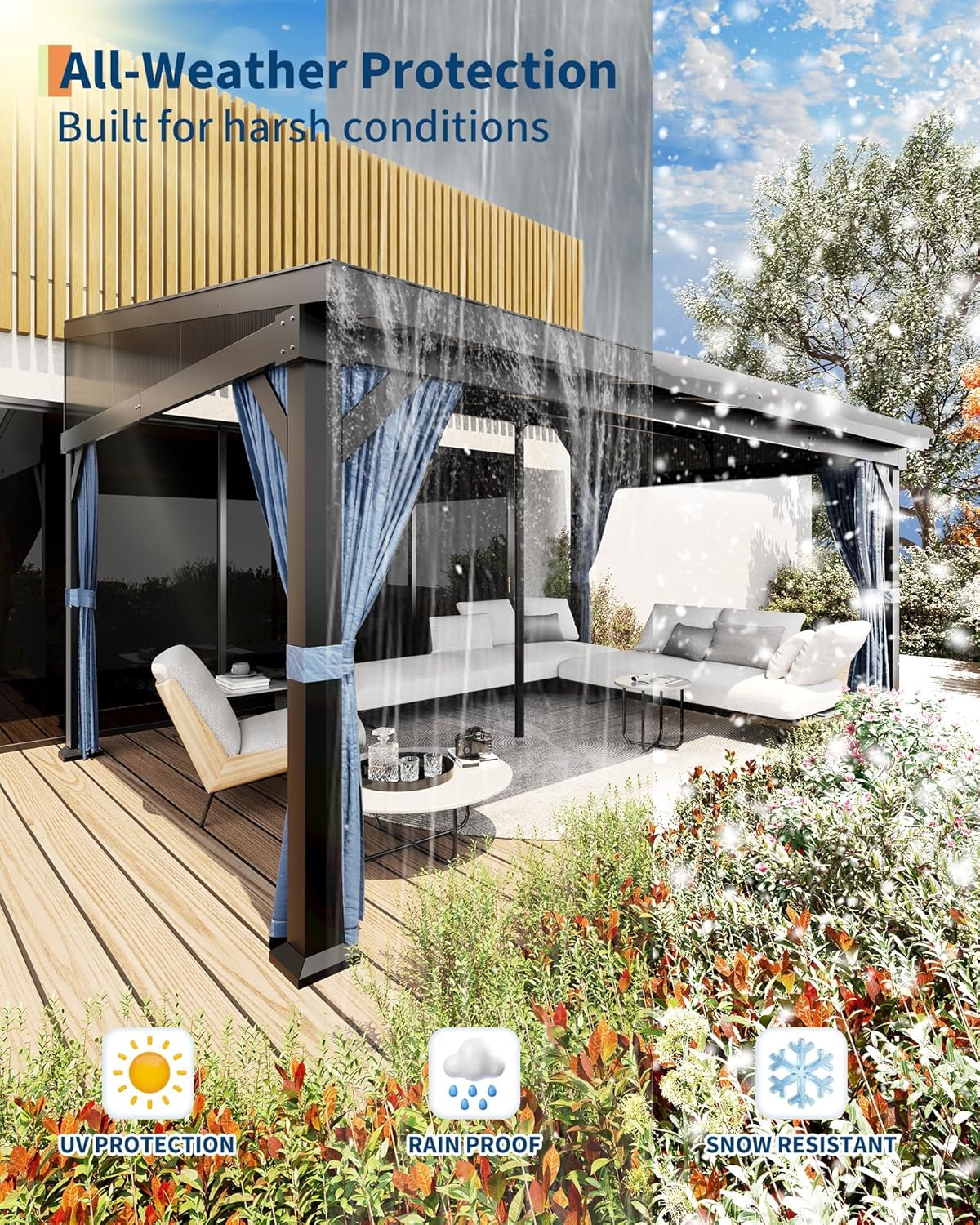 GAOMON gazebo with water flowing off the roof, illustrating its all-weather protection against rain, UV, and snow.