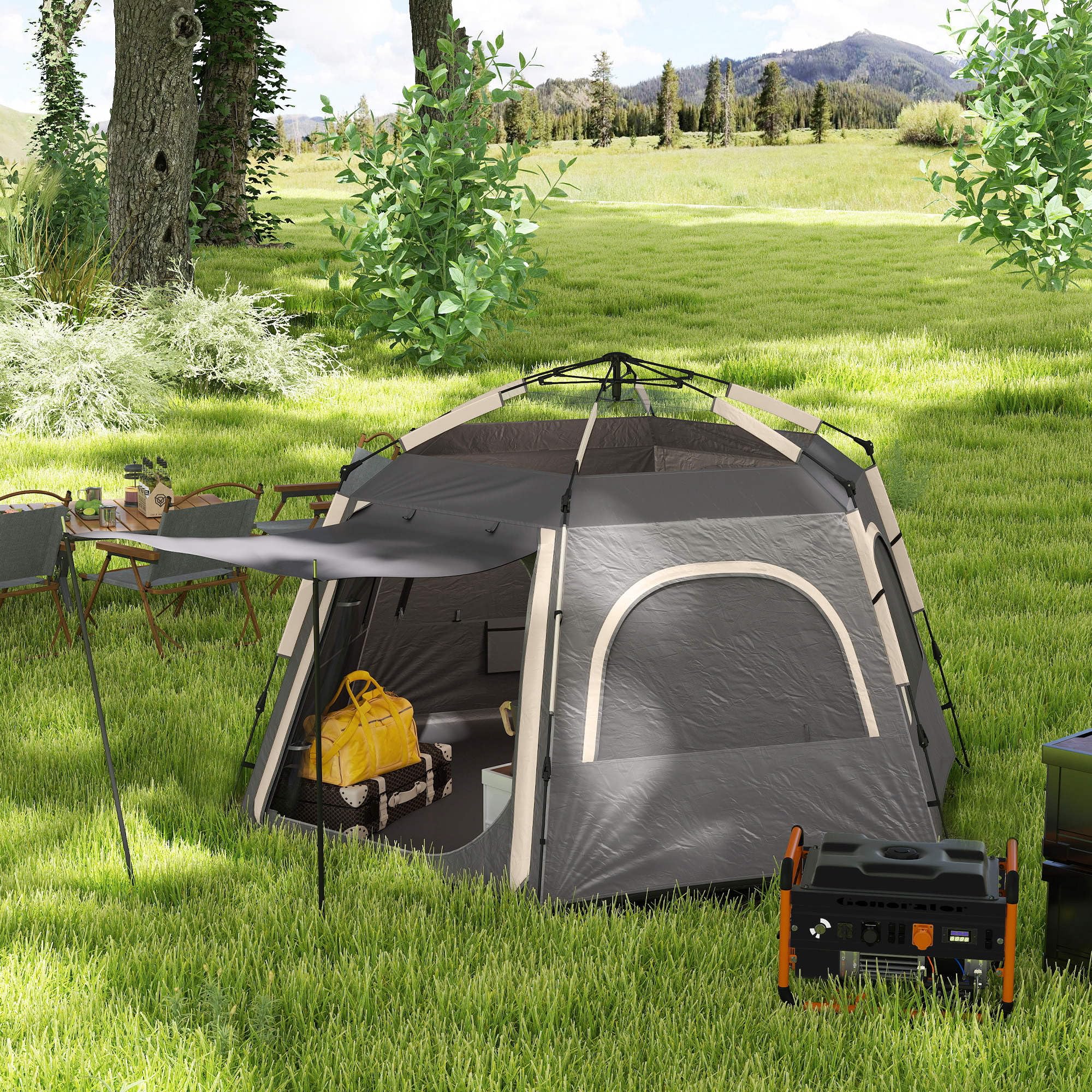 Outsunny Tienda de campaña instantánea para 2/3/4 personas, fácil instalación, tienda familiar con vestíbulo, lluvia, 4 ventanas de malla y 2 puertas, diseño hexagonal, tienda de campaña impermeable