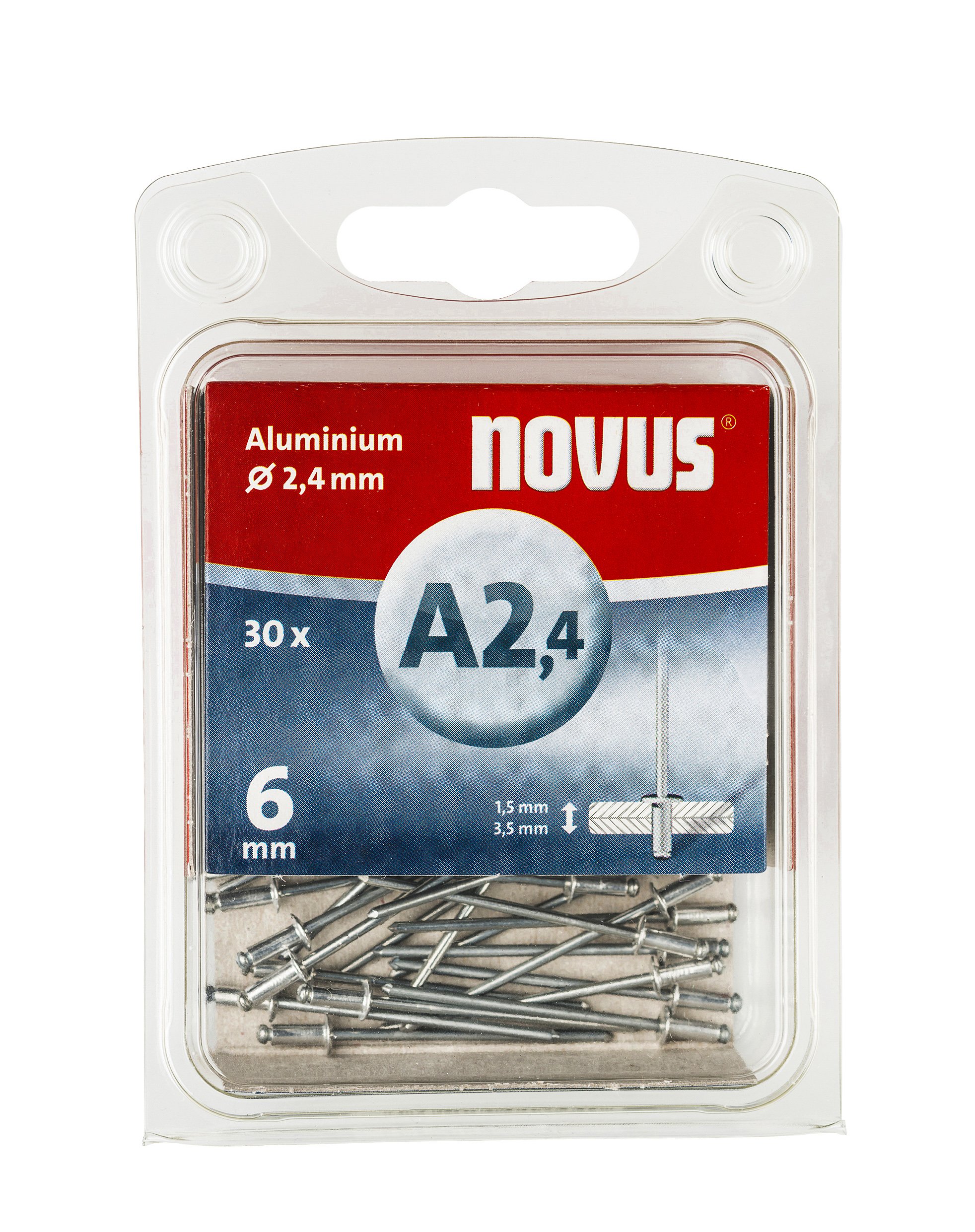 Novus A 2,4 Rivets Aveugles en Aluminium avec 6 mm Longueur, 30 Rivets Aveugles avec 2,4 mm et 1,5–3,5 mm Longueur de Serrage, R