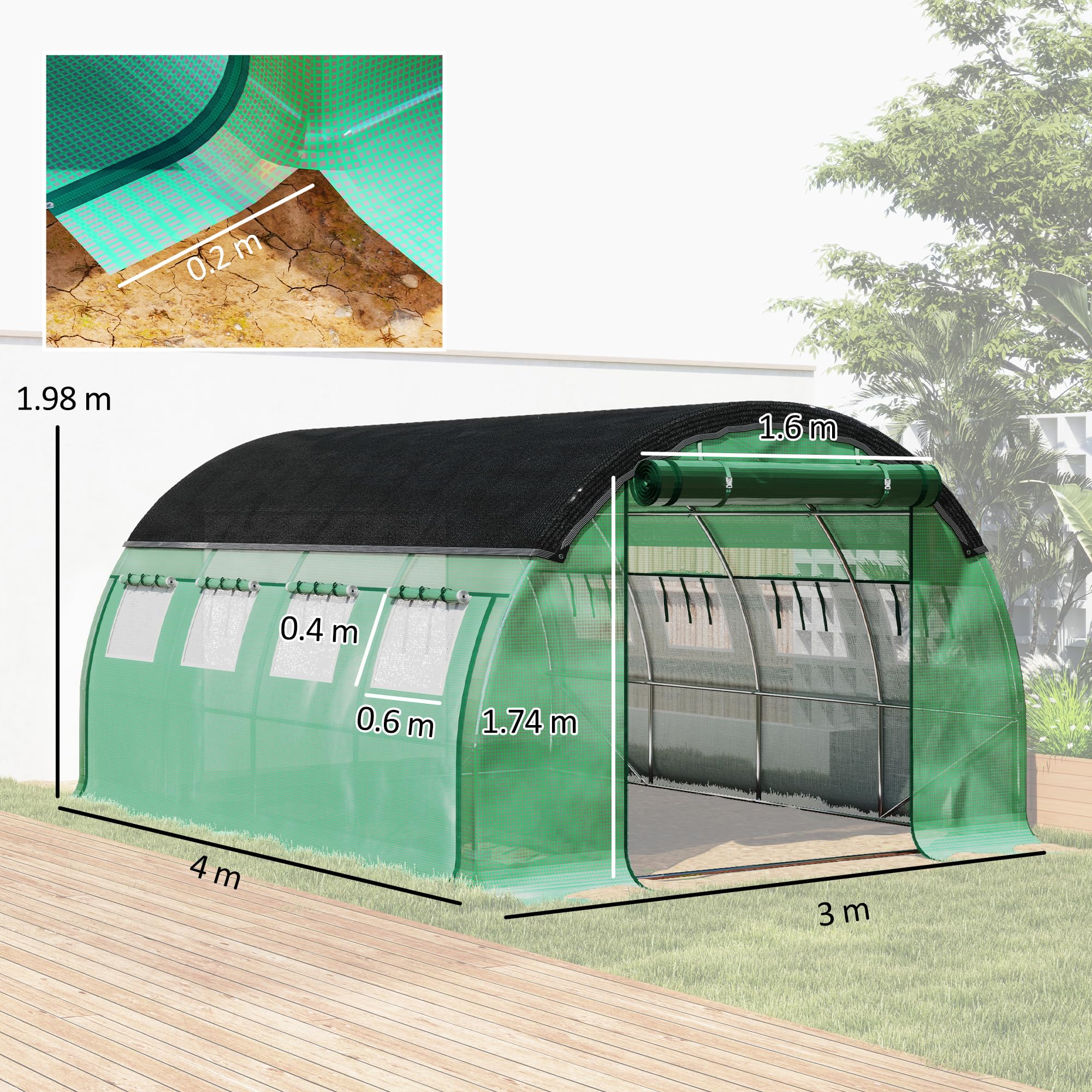 Outsunny Serra da Giardino a Tunnel 4x3x2 m con Rete Ombreggiante, Serra per Orto 8 Finestre, 2 Porte e Pareti Laterali Avvolgibili, Struttura in Acciaio e Copertura PE, per Verdure Fiori, Verde