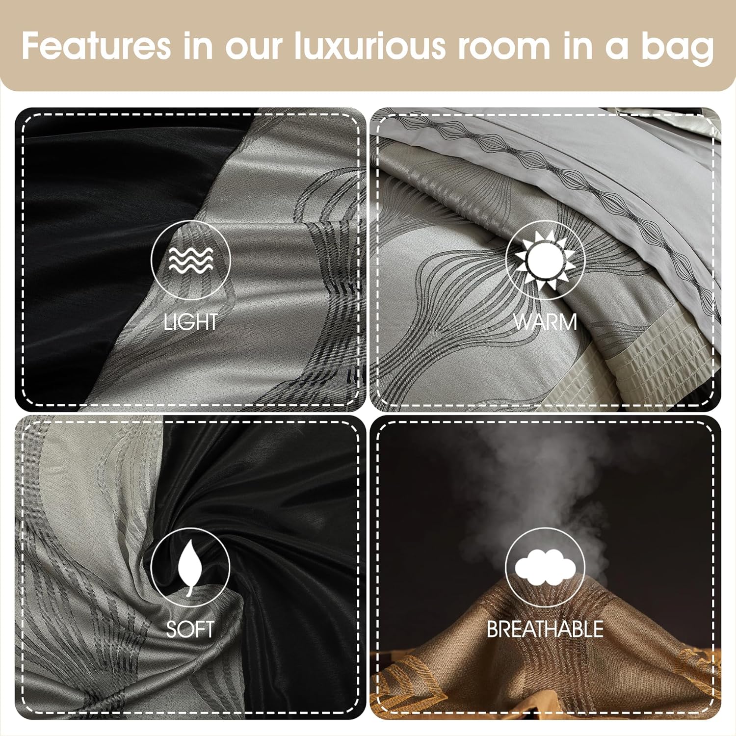 Stratford Park Elegant Black and Silver Comforter Set King Size, Striped,15 Piece Room-in-A-Bag, Jacquard Bedding Set, All Season, Matching Decorative Pillows, Pillow Sham, Curtains