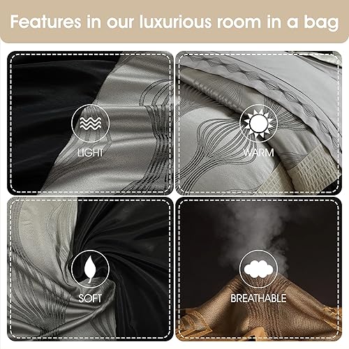 Miniatura 6 de Grand Avenue Elegante juego de edredón negro y plateado tamaño King, a rayas, 15 piezas de habitación en una bolsa, juego de ropa de cama de