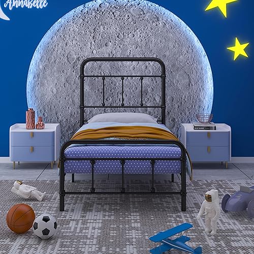 Marco de cama individual con plataforma de metal y cabecero de estilo vintage, tamaño individual con espacio de almacenamiento debajo del marco, 14