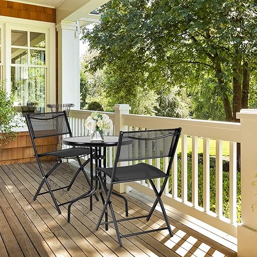 Miniatura 2 de S AFSTAR Juego de 3 piezas para patio al aire libre, jardín, parque, mesa redonda con 2 sillas plegables, juego de muebles de patio (negro clásico)