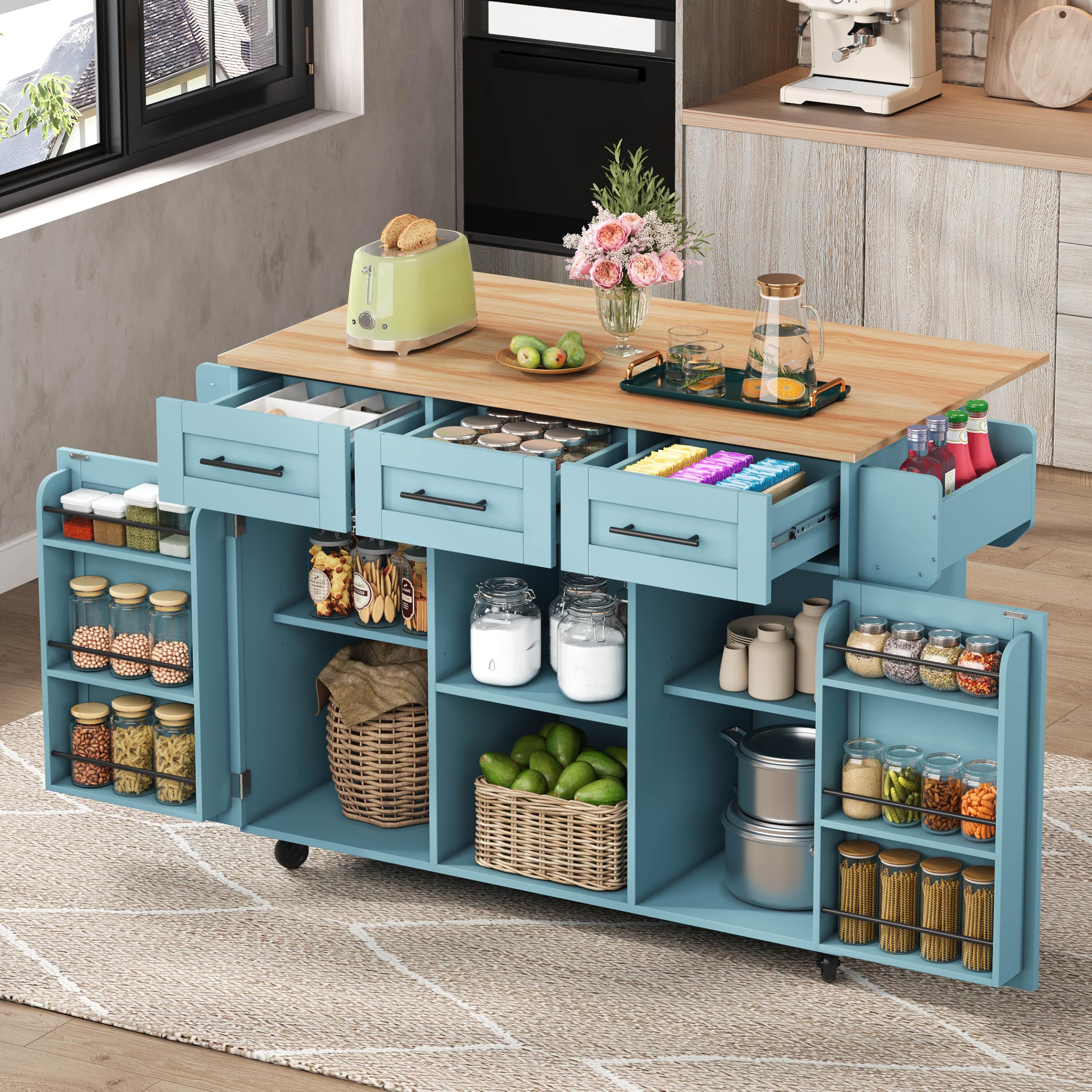 Merax Kitchen Island on Wheels with Foldable Wood Grain Countertop, Kitchen Trolley Cart with 3 Drawers, Storage Cabinets, Mobile Kitchen Island for Dining Room & Kitchen,Blue — image 1
