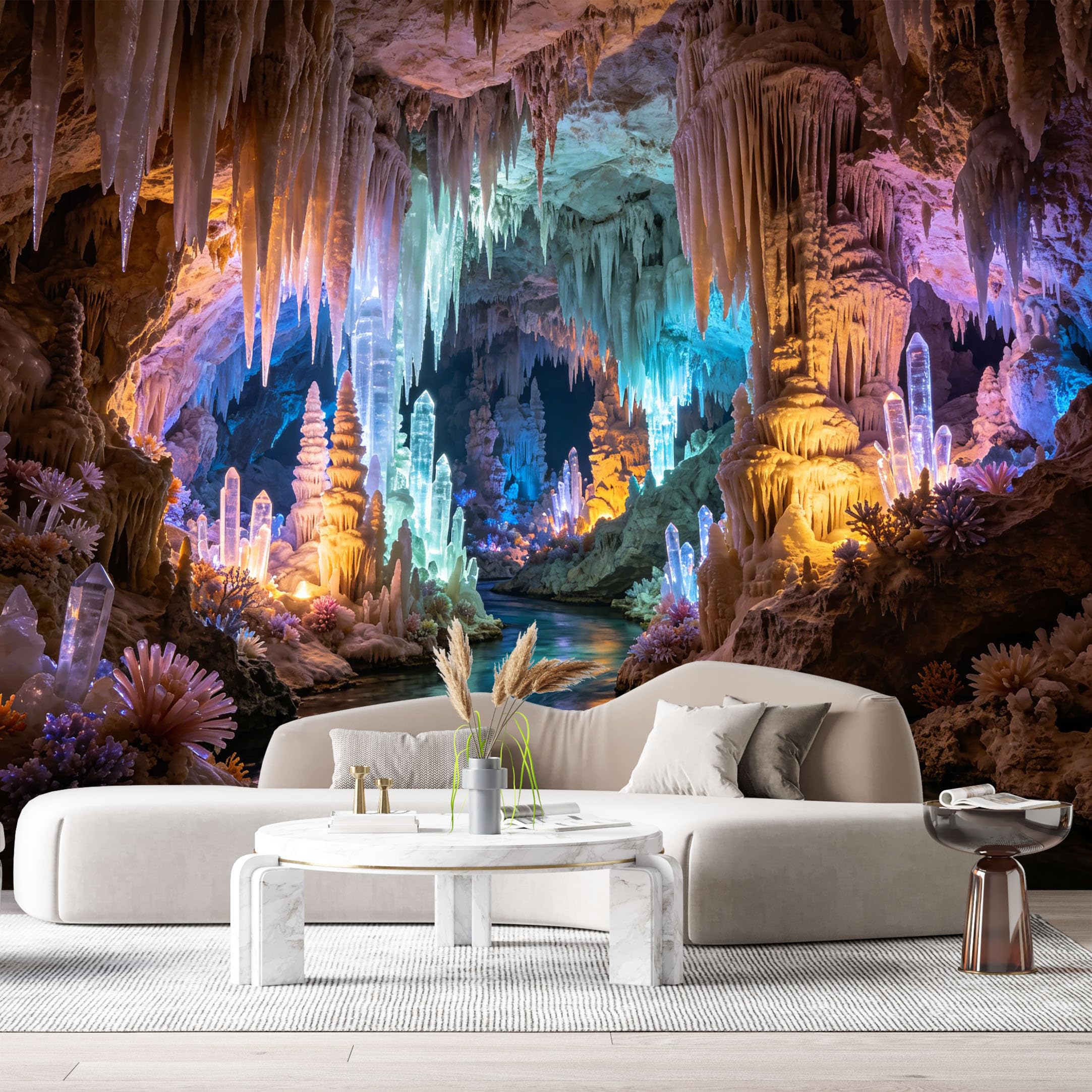 Custom Size Wall Murals Glowing Underground Cave Crystal Stalactites River 3D Textured Landscape SelfAdhesive Wall Fabric Removable Large Wallpaper for Photo Living Room