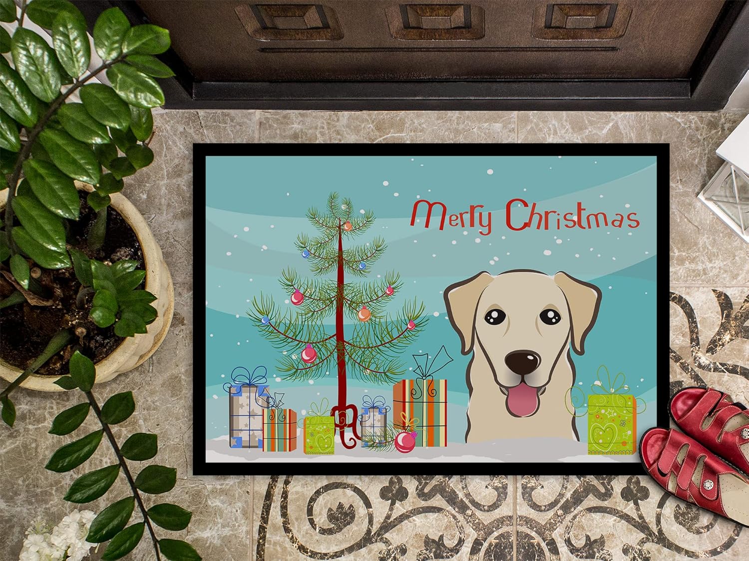 Caroline's Treasures BB1624MAT Christmas Tree and Golden Retriever Doormat 18x27 Front Door Mat Indoor Outdoor Rugs for Entryway, Non Slip Washable Low Pile, 18H X 27W