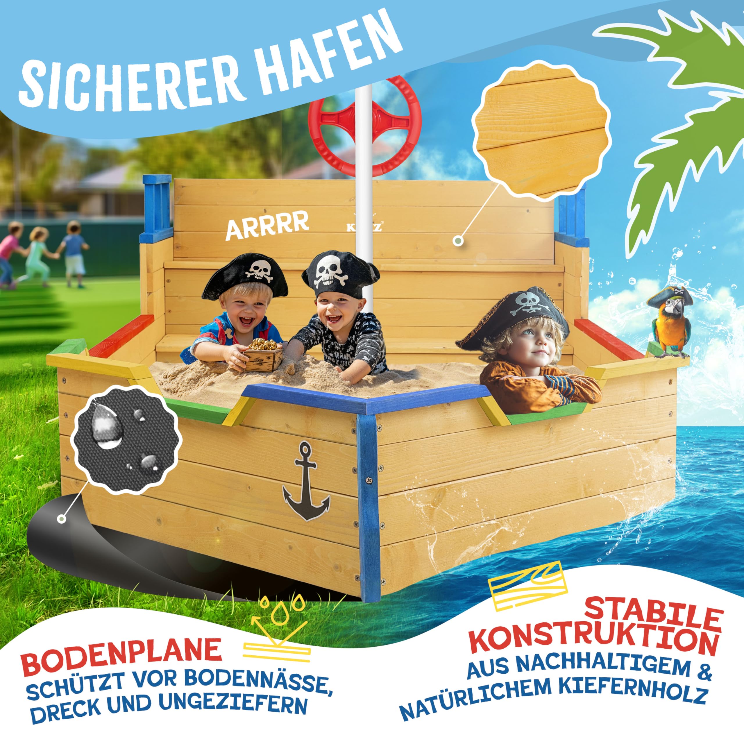KIDIZ® arenero niños Ahoi, Barco Pirata, Barco de Vela de Madera, Incluye Cubierta, Cubierta de Suelo, Banco, asta de Bandera, Colorido