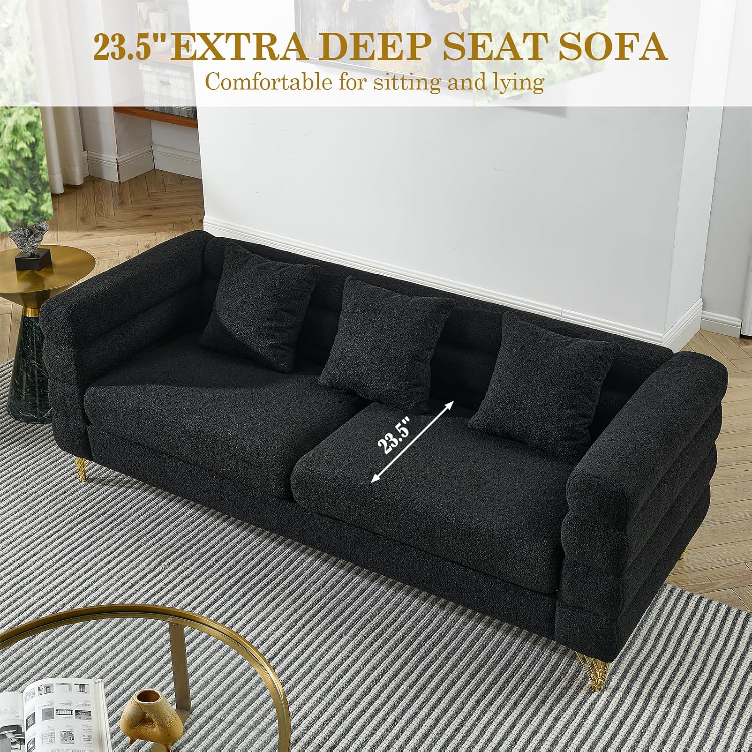 2 Pieces Cloud Sofa Set, Teddy Bouclé 3 Seater Couch and Loveseat Sets, Upholstered Modern Sofa with Gold Legs & Pillows, Comfy Deep Seat Couch for Living Room, Bedroom, Office, Apartment(Black)