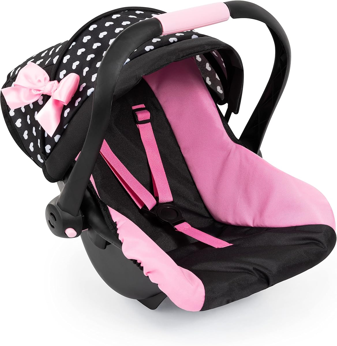 Bayer Design Silla de coche para muñecas, portabebés de lujo para muñecas de hasta 18 pulgadas, rosa | Toldo ajustable y mango ergonómico, mece a las muñecas para dormir, elegante accesorio de juego de simulación de corazones en negro y rosa