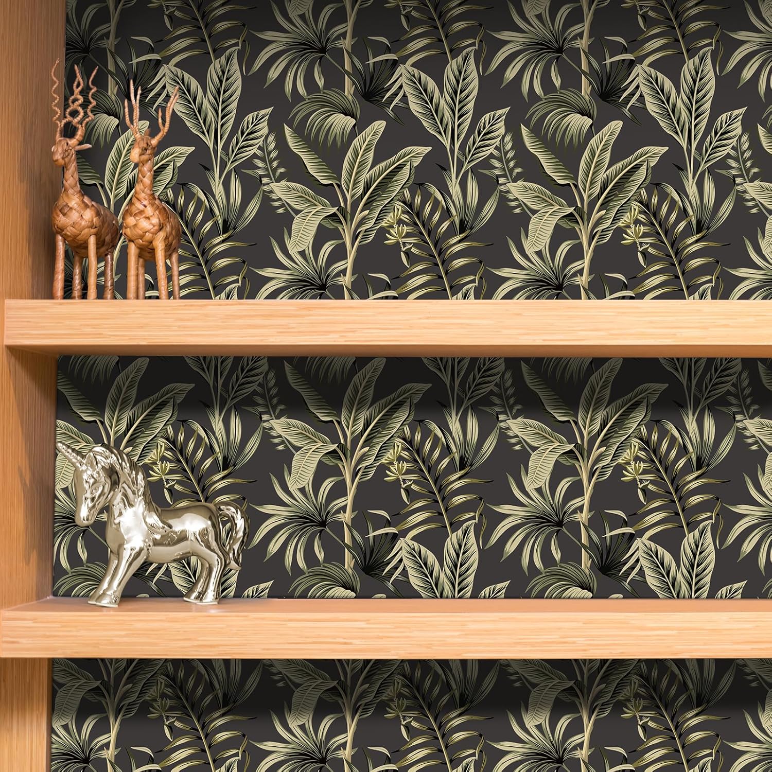 VaryStyle 17.7"x393" Jungle Palm Tree Wallpaper Tropical Peel and Stick Wallpaper Trees Banana Leaf Botanical Wallpaper Murals Dark Contact Paper Waterproof Vinyl Wall Paper for Bathroom Shelves Walls