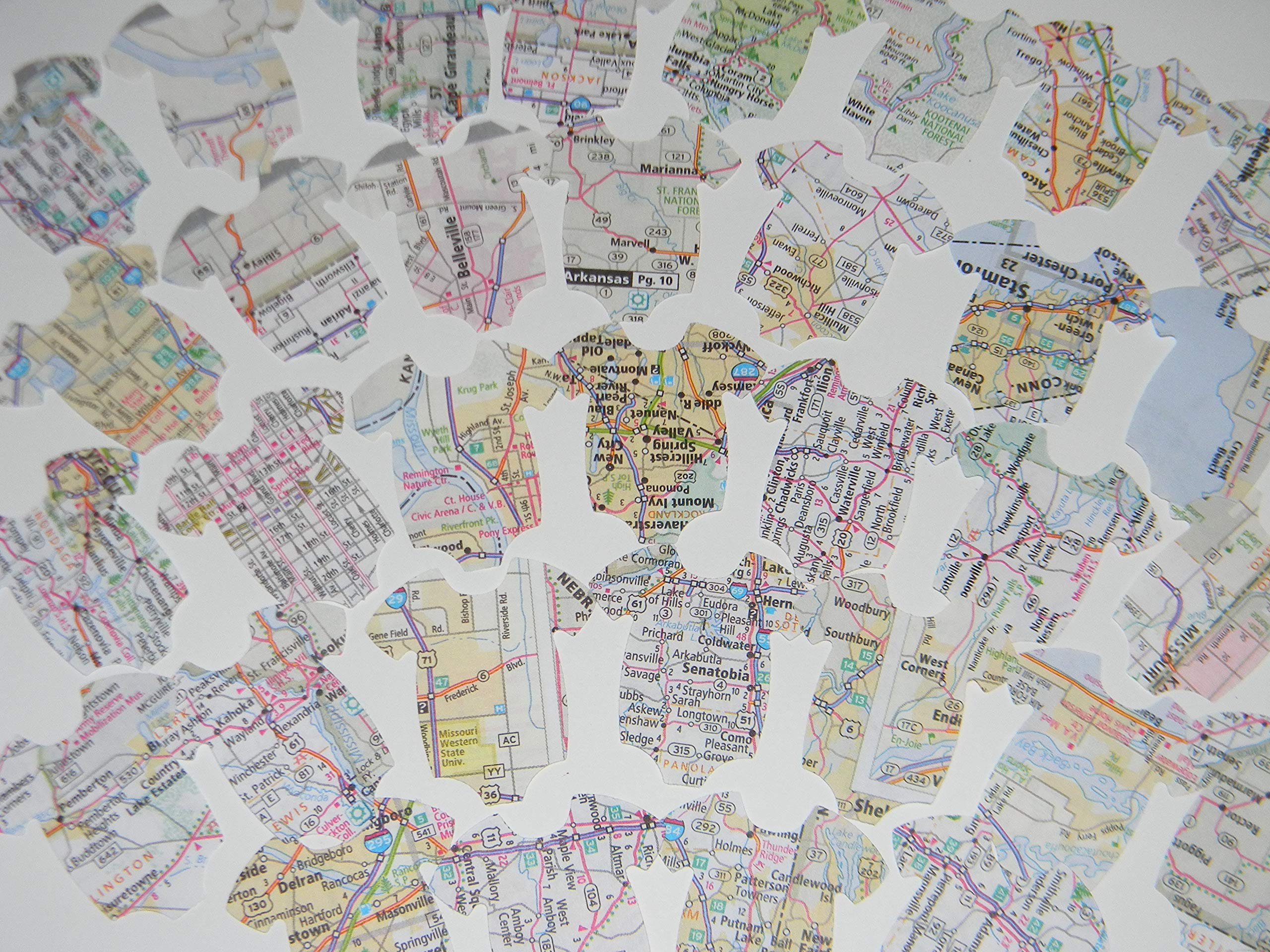 100 Road Atlas Map onesie confetti - baby shower party decor - Welcome to the World Travel decorations