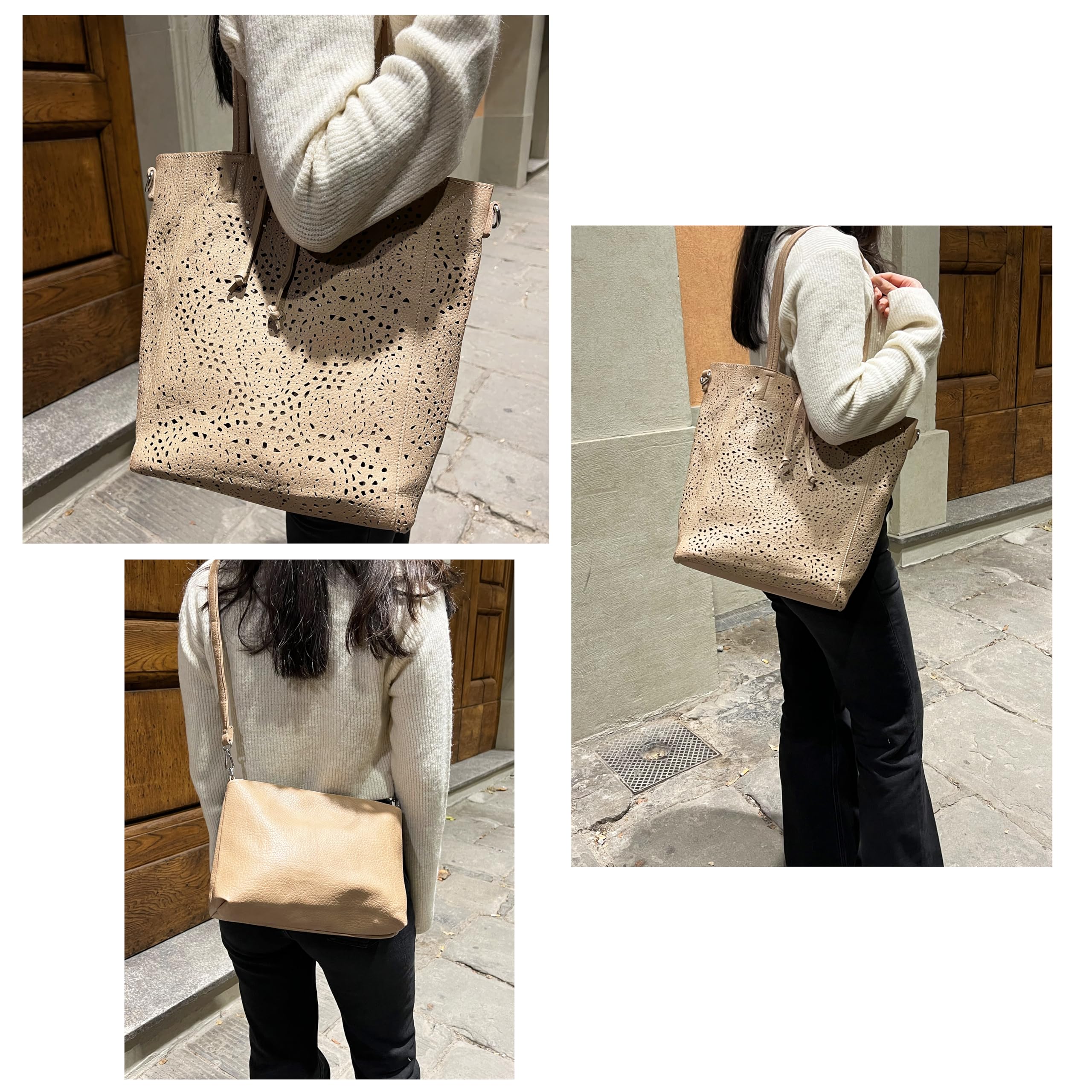 ANGELO Borsa a Spalla da Donna, Borsa Shopper Traforata Grande Capienza, Inclusa Pochette a Tracolla Regolabile, Shopping Bag Hobo in Pelle PU per Lavoro, Ufficio, Viaggio, Università