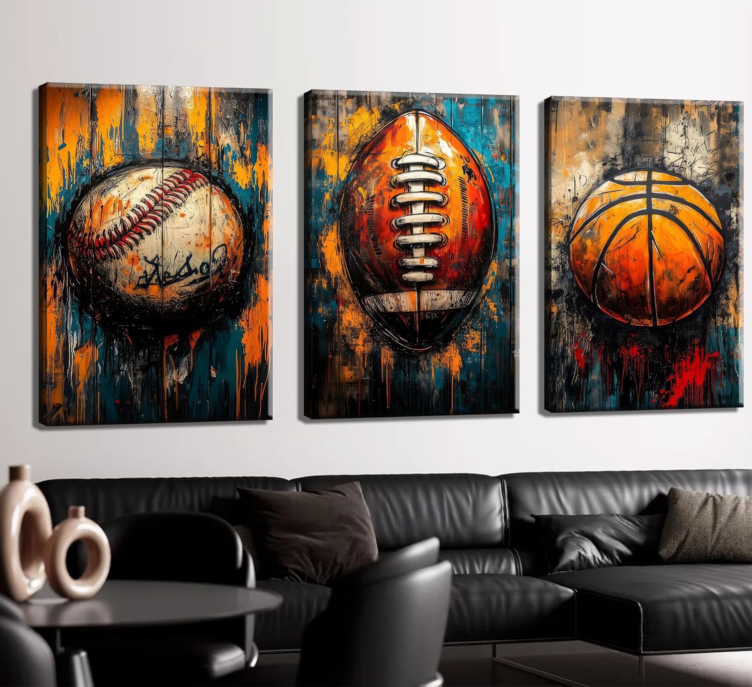3Pcs Graffiti Sports Canvas Wall Art Vintage Basketball Football Baseball Posters Prints Colorful Street Pop Art Painting Pictures Sports Wall Decor for Boys Bedroom Framed