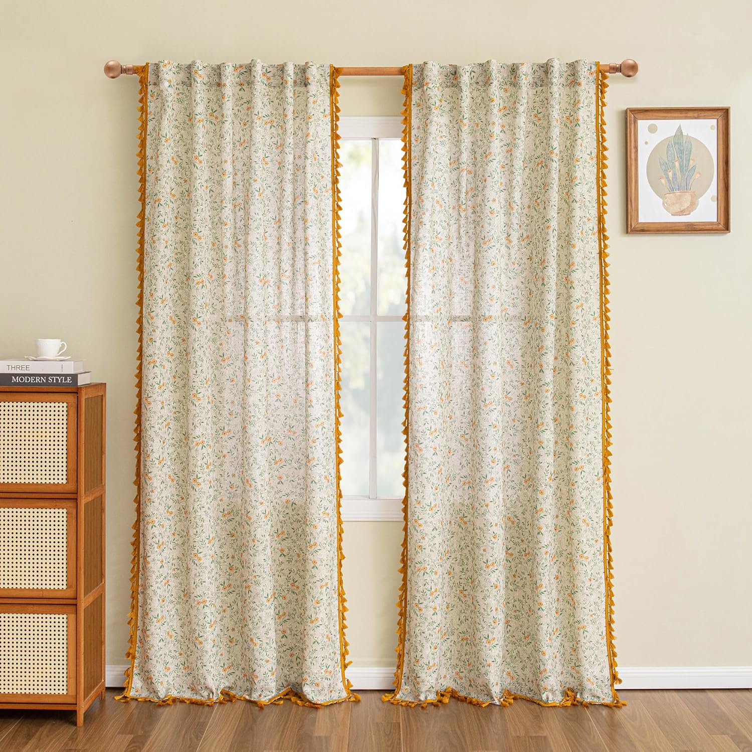 MYSKY HOME Floral Boho Linen Curtains 84 Inch Long 2 Panels Set with Yellow Tassels Farmhouse Vintage Semi Sheer Bohemian Living Room Bedroom Window Curtains Rustic Country Back Tab, 50"W, Green Leaf