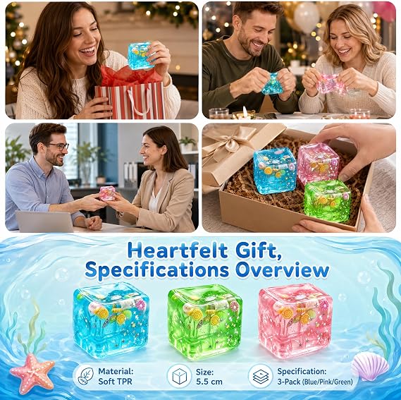 Squishy Cube, 3PCS Ocean Shells Cube Squishy Set, Slow Rising Squishies