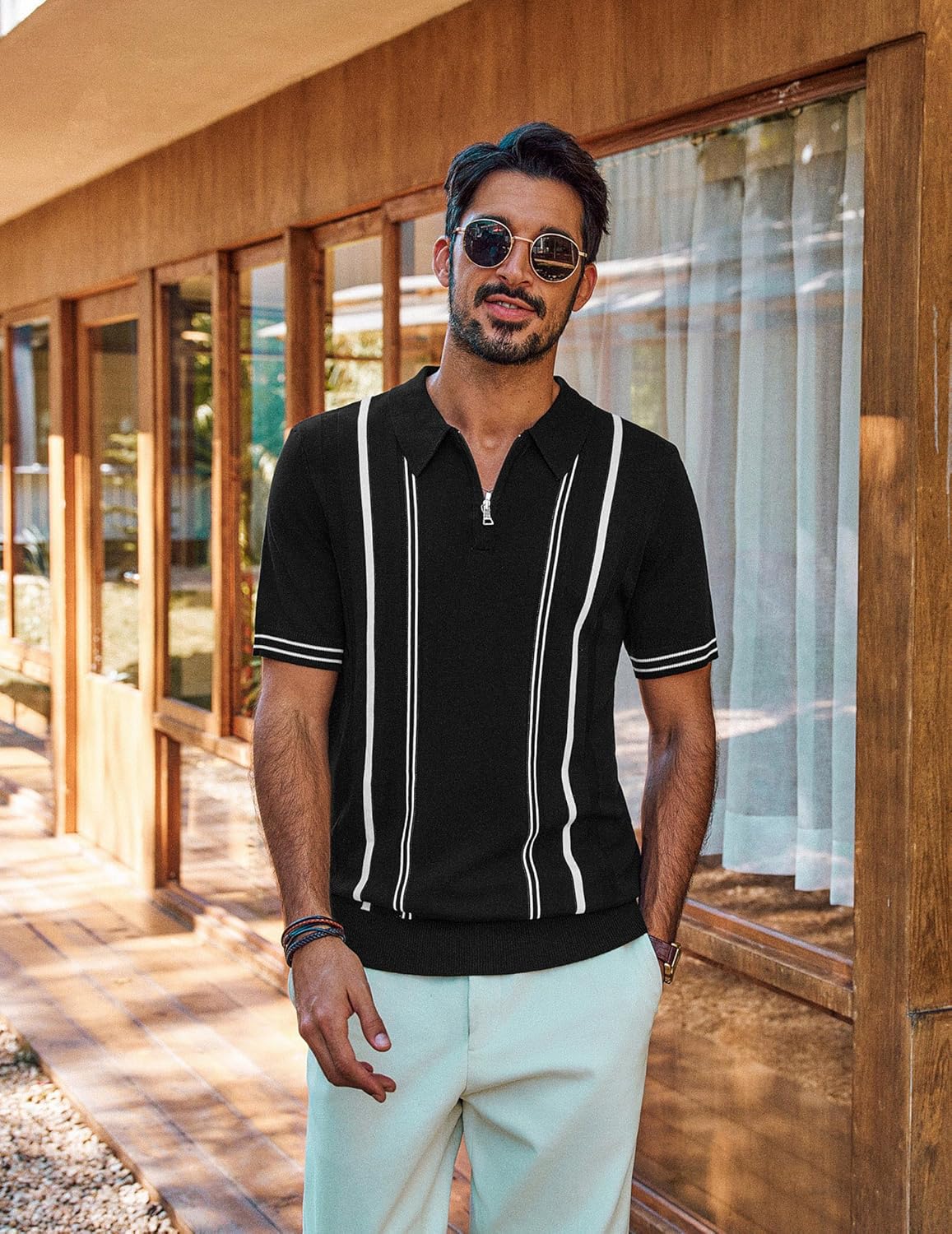 PJ PAUL JONES Mens Knit Polo Shirts Short Sleeve Quarter Zip Golf Shirt Vintage Shirts for Men - Image 2